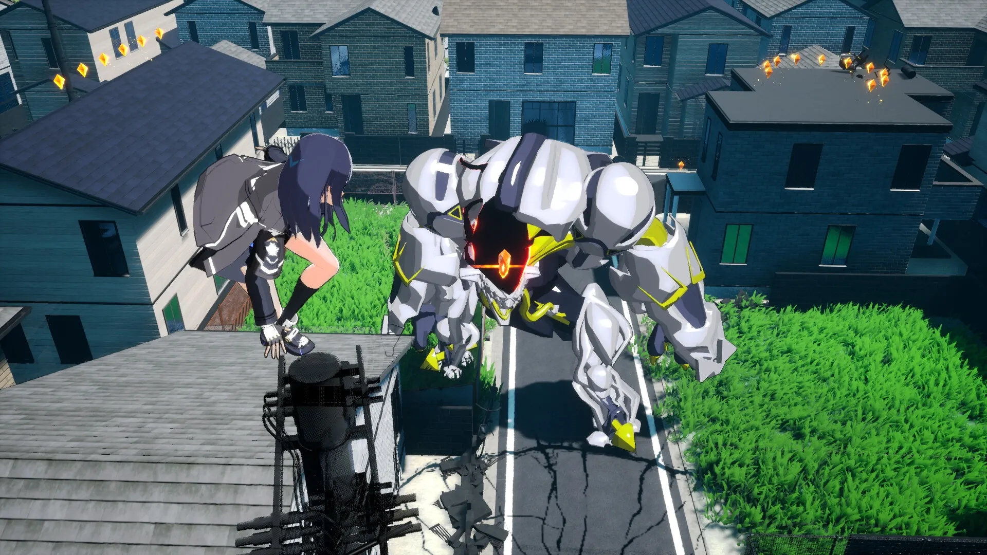 MIGHTREYA: Reya battles a giant robot on a rooftop in a suburban neighborhood with glowing icons nearby.