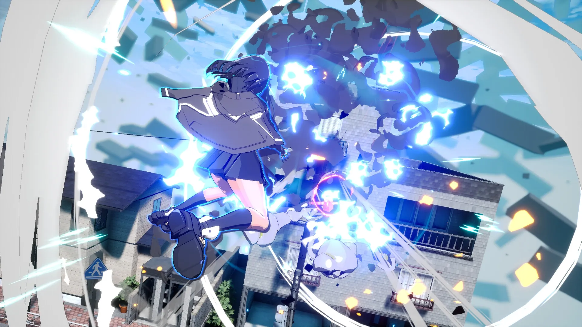 MIGHTREYA: Superhero Reya unleashes a powerful attack mid-air against a monster in an urban environment.