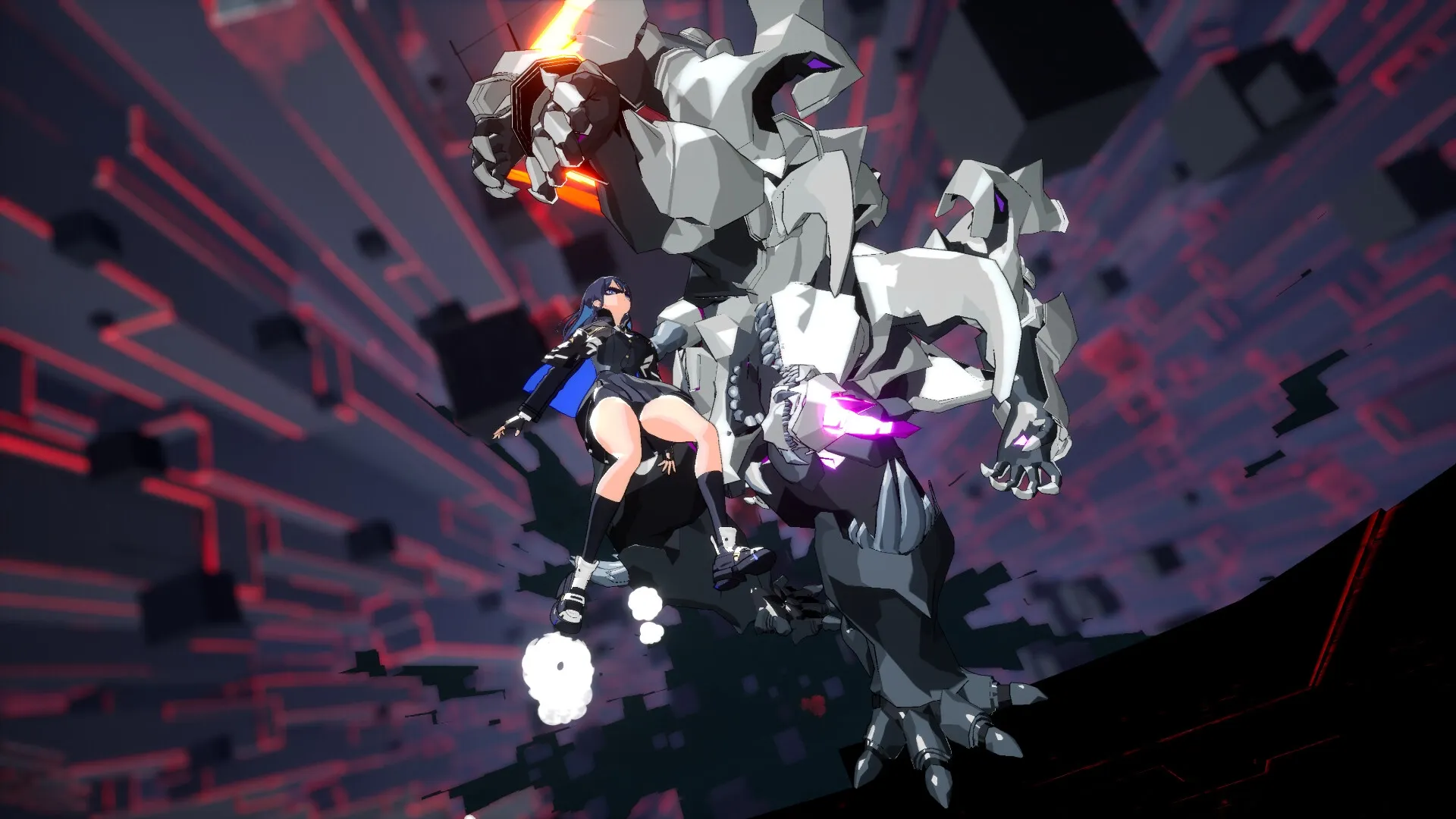MIGHTREYA: Schoolgirl Reya battling a giant robotic monster in a digital, futuristic arena setting.