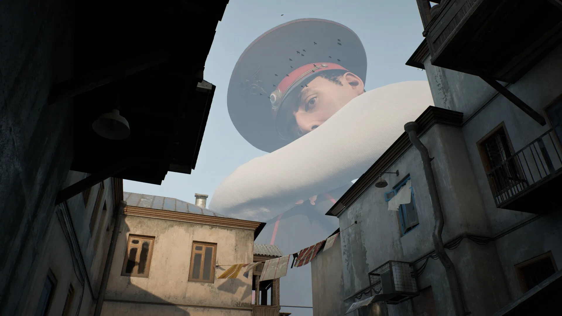 Militsioner: Colossal Policeman peers over buildings in narrow alley, observing surroundings closely.