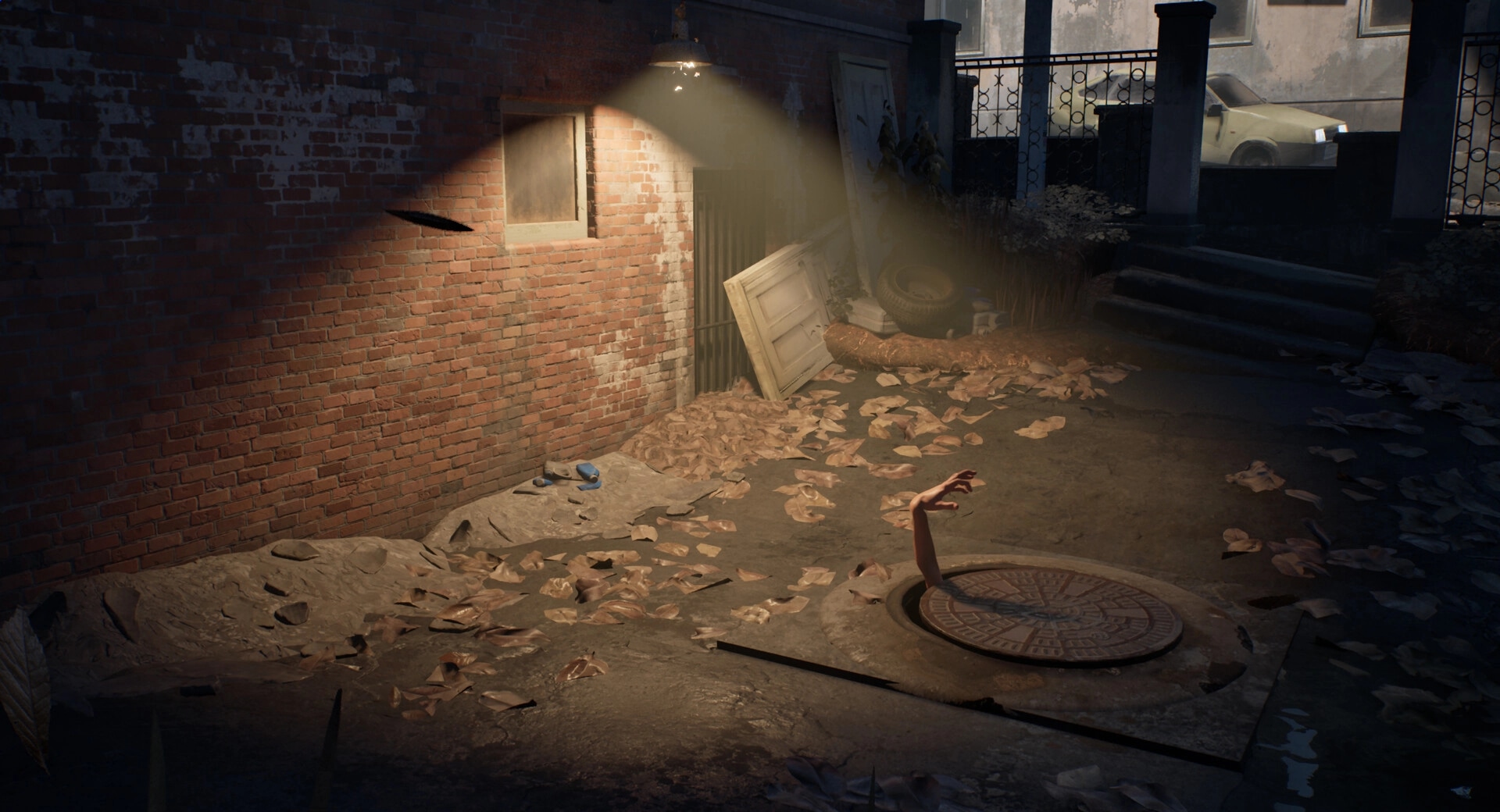 Militsioner: An arm emerges from a manhole in a dim alley with scattered leaves and debris