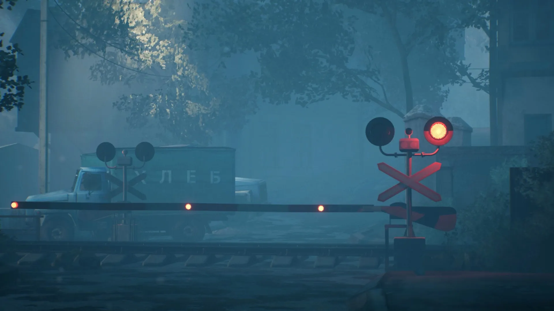 Militsioner: Foggy street with a truck halted at a railway crossing, red signal light glowing brightly