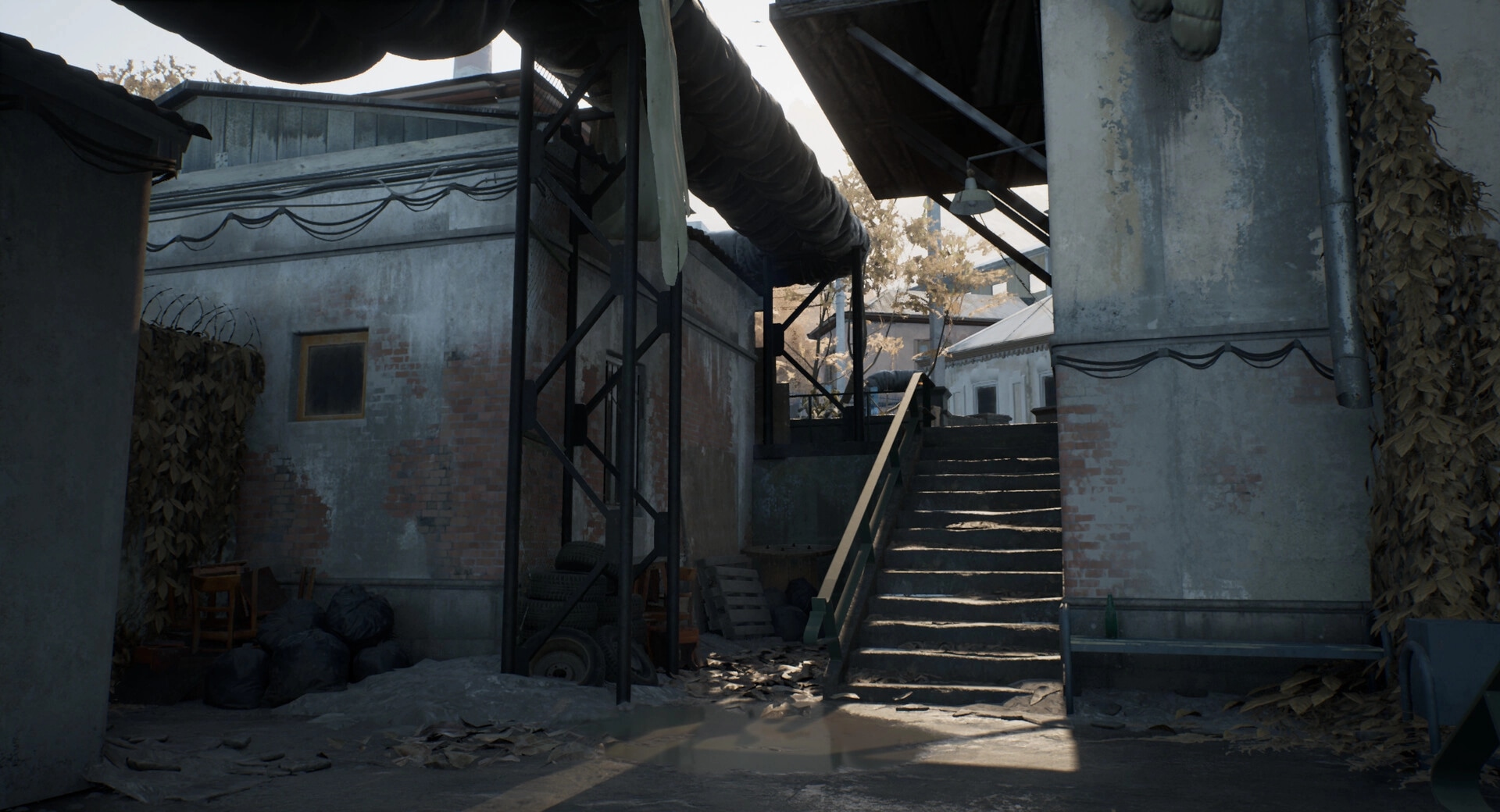 Militsioner: Industrial alleyway with scattered debris and stairs leading to a sunlit upper level.