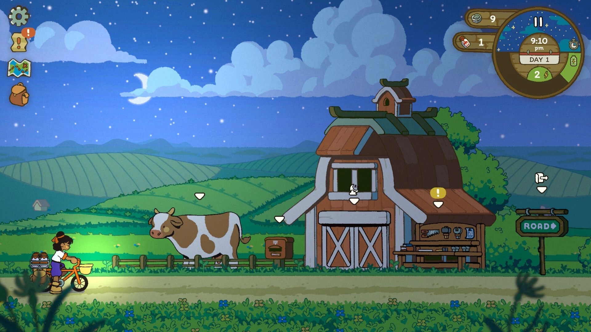 Milki Delivery: Biker stops by a barn and cow at night with Day 1 clock, inventory, and ROAD sign.