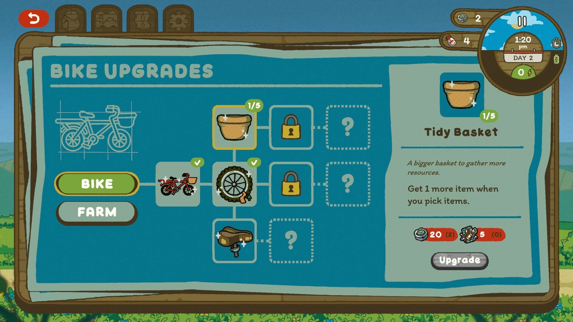 Milki Delivery: Bike upgrades menu highlighting Tidy Basket, with upgrade tree and day/time HUD overlay.