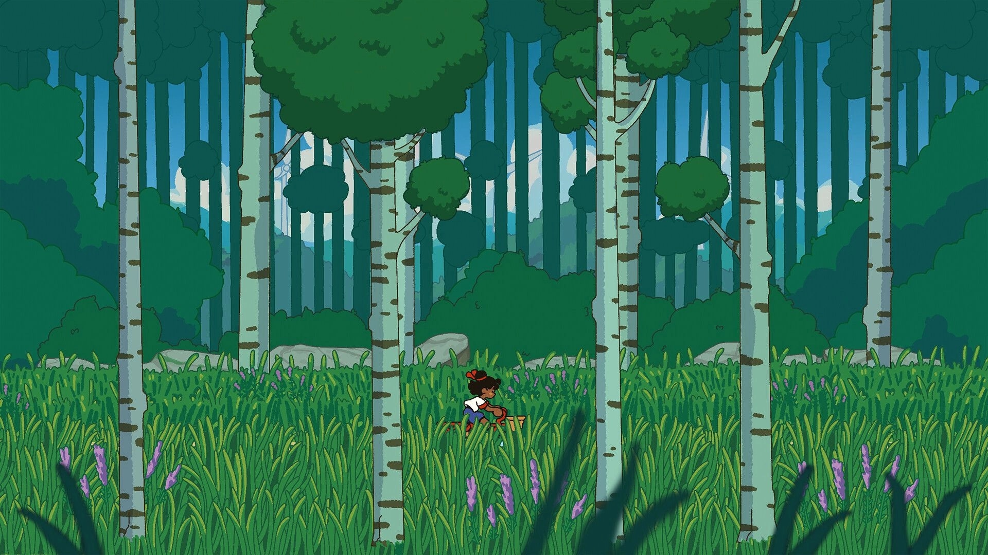 Milki Delivery: Girl riding a bicycle through tall grass and birch trees in a lush forest clearing.
