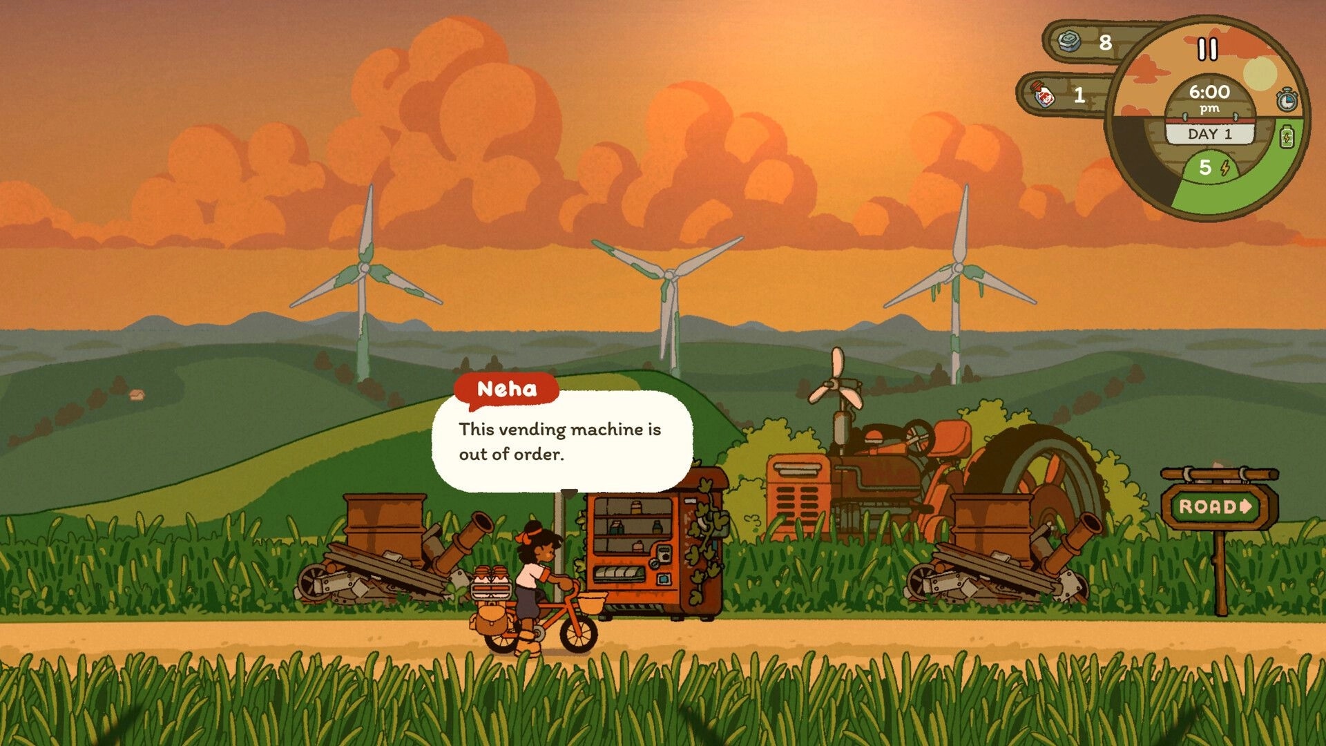 Milki Delivery: Neha on a bike by a broken vending machine on a farm road, wind turbines at dusk.