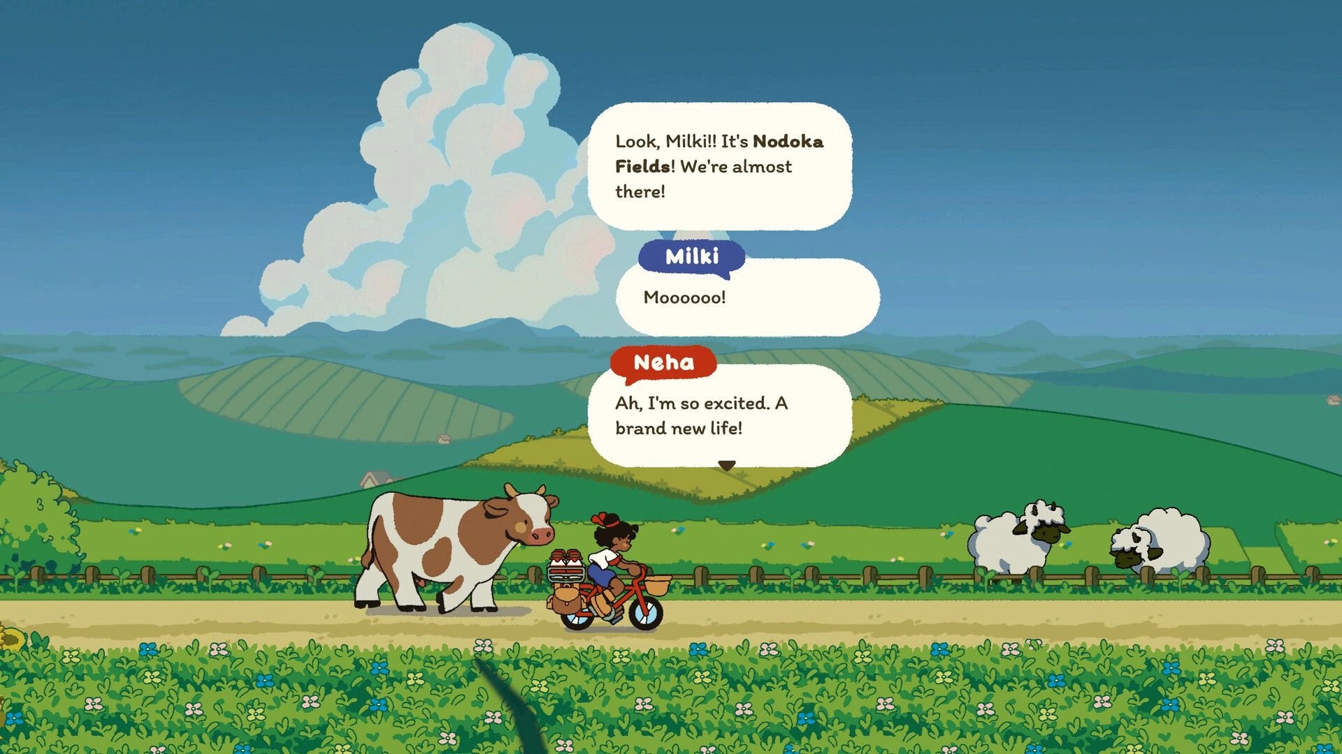 Milki Delivery: Neha bikes beside cow Milki on farm road, dialogue bubbles over rolling fields.