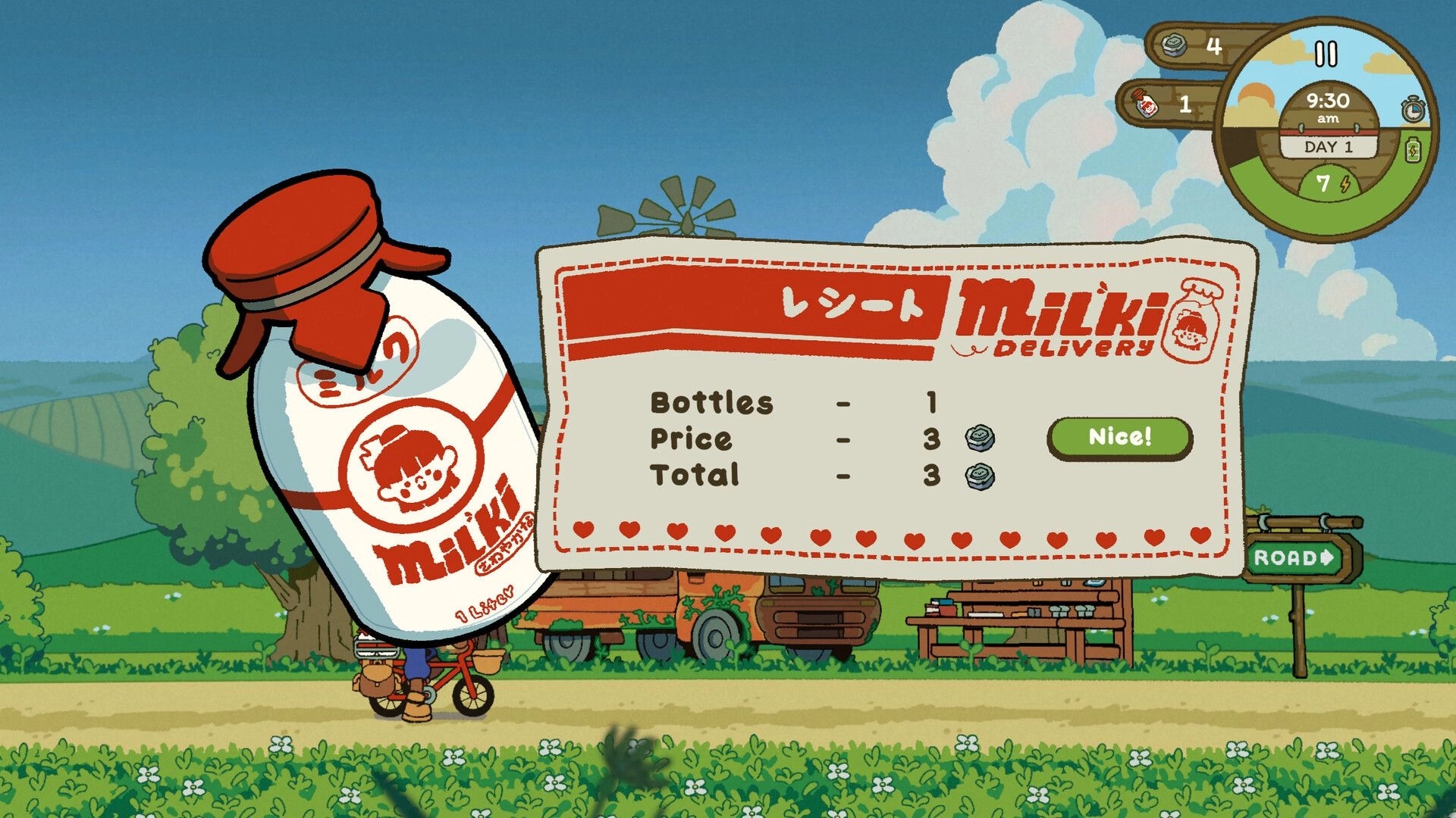 Milki Delivery: Delivery receipt popup for 1 bottle with Nice! button over roadside farm scene UI.
