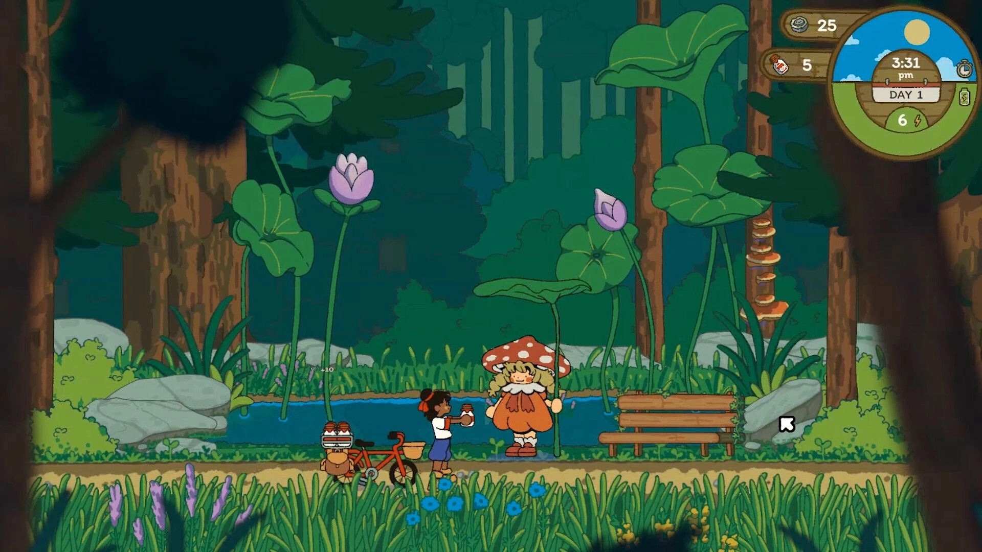 Milki Delivery: Player hands a milk bottle to mushroom-capped NPC by pond; Day 1 HUD visible.