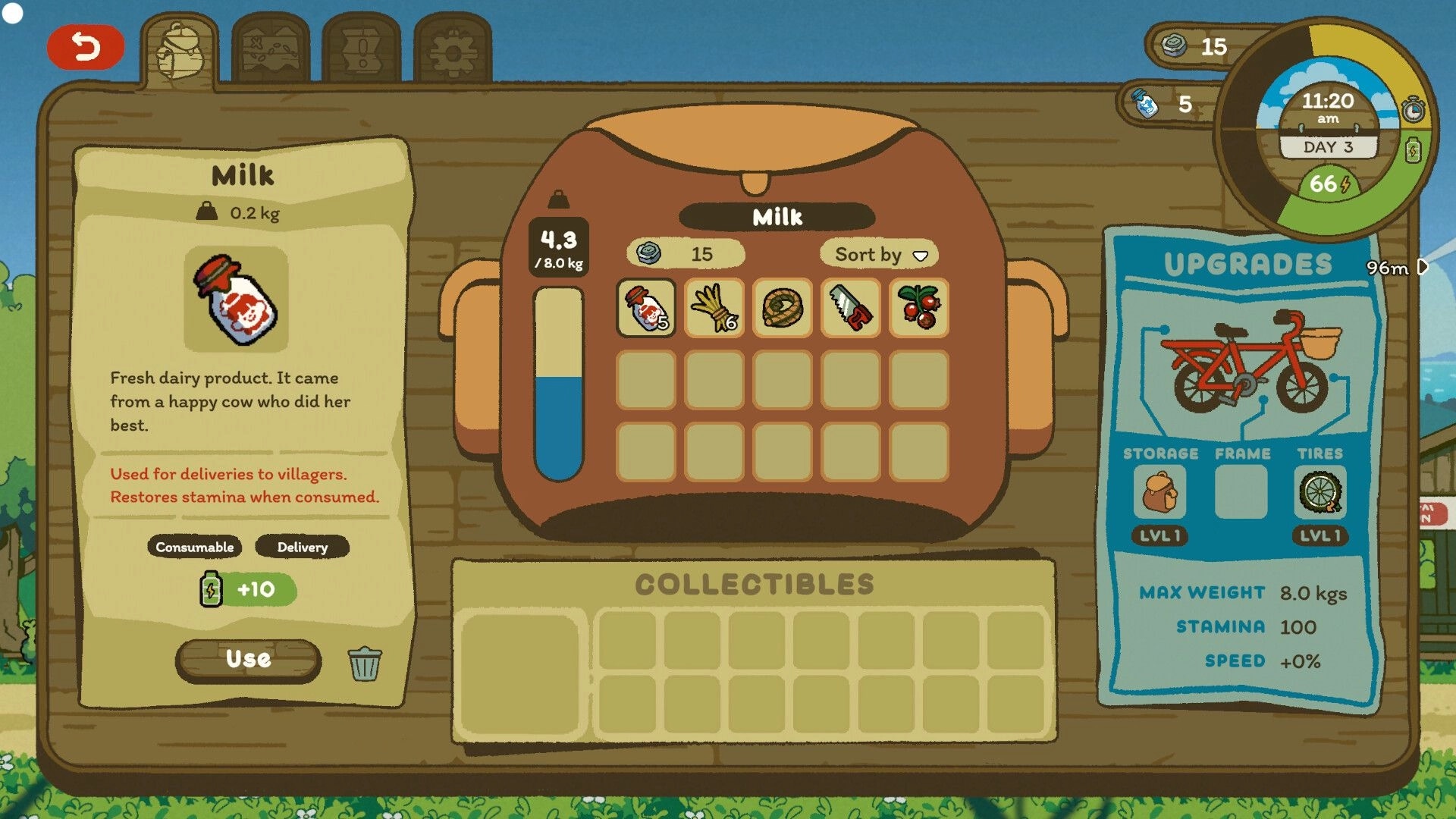 Milki Delivery: Inventory open on Milk item with backpack slots and bike upgrades panel on right.