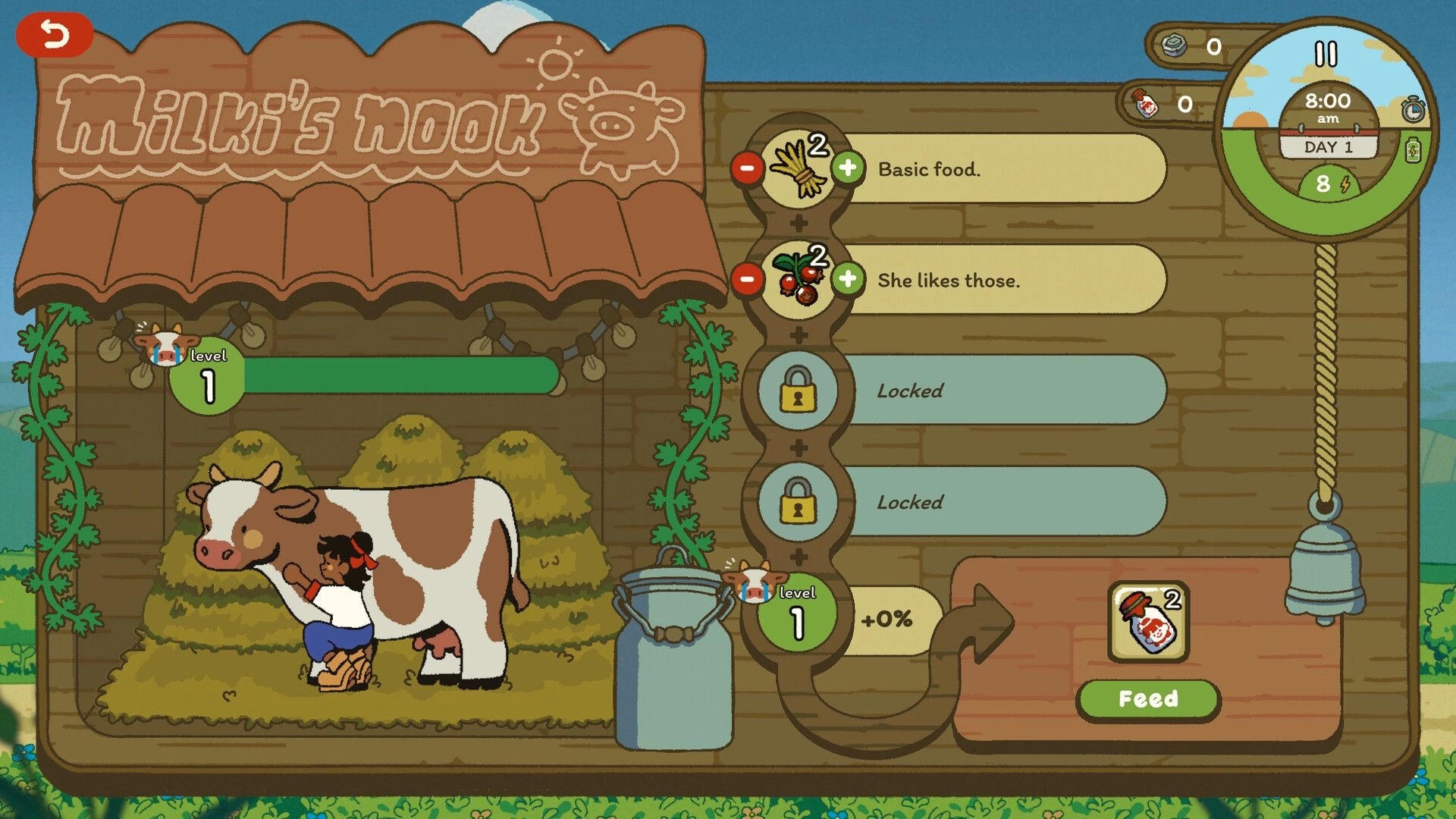 Milki Delivery: Feeding screen with cow and girl by hay bales, food options and locked slots in barn UI.