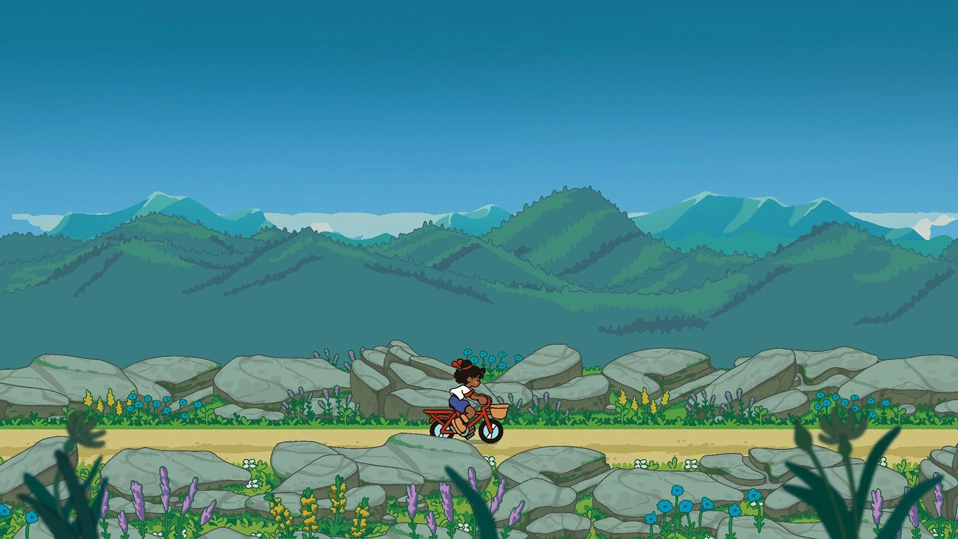 Milki Delivery: Cyclist rides a red bike past rocky meadow path with wildflowers and distant hills.