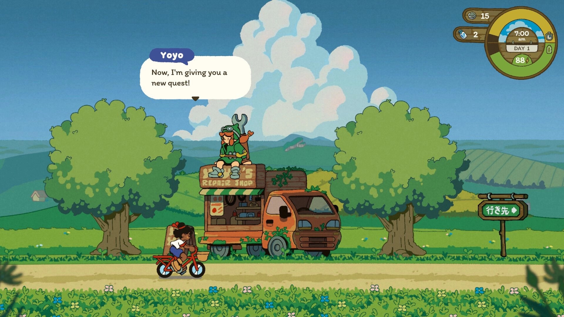 Milki Delivery: Yoyo offers a new quest by the repair shop truck as the rider bikes past trees and fields.