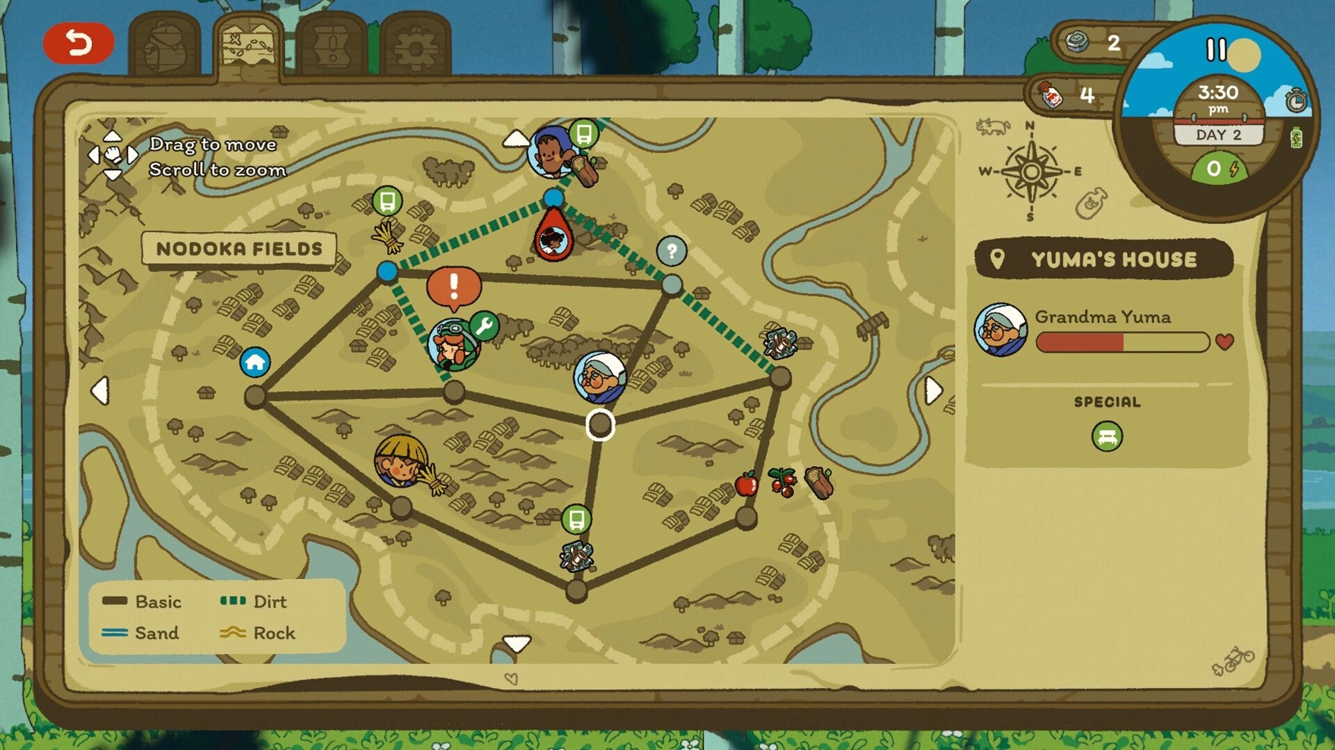 Milki Delivery: World map of Nodoka Fields with travel nodes and Yuma's House info panel open.
