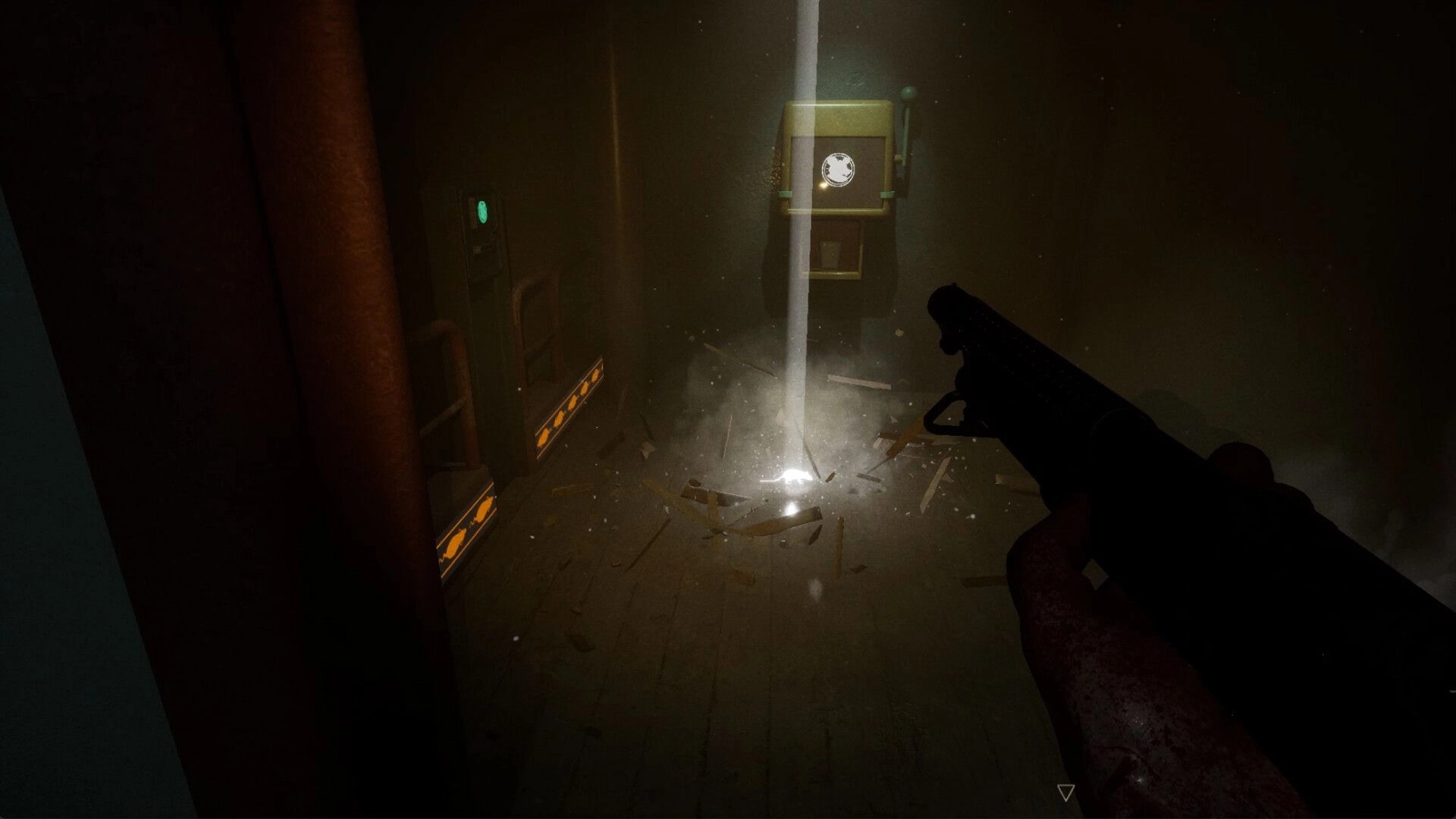 Milo: First-person view of a dark room with debris, spotlight, and player holding a shotgun weapon.