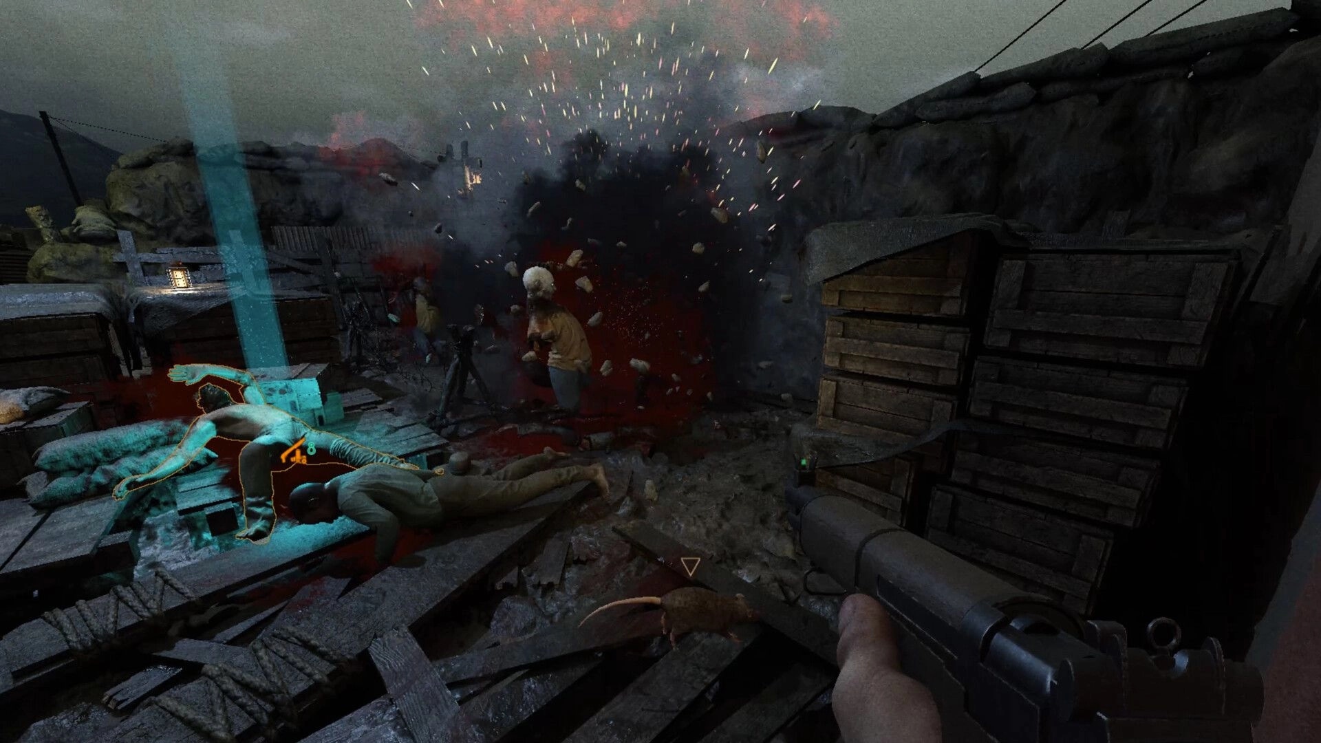 Milo: Player aiming gun in trench as explosion scatters debris, fallen soldiers, and a rat scurries.
