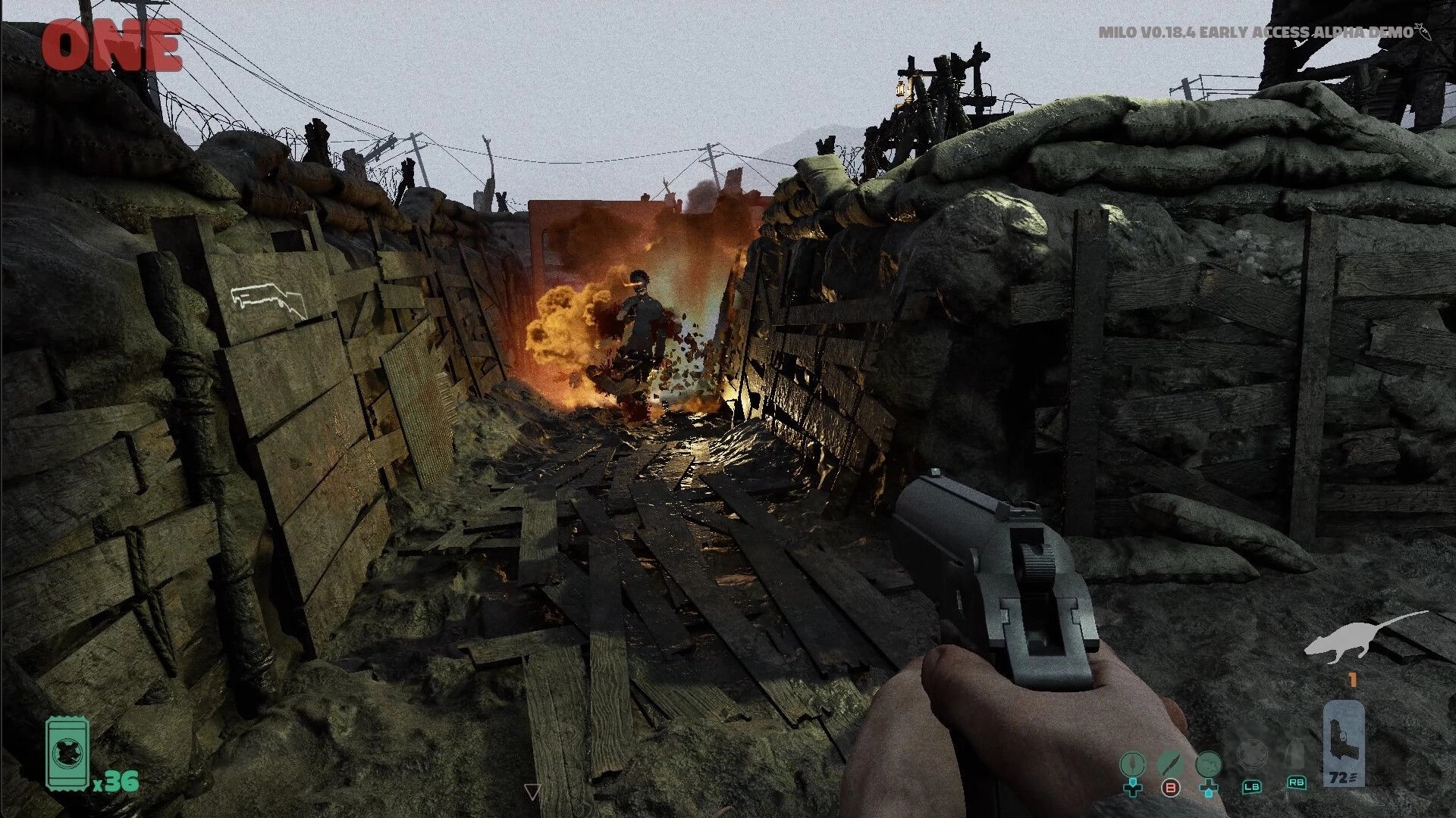 Milo: Player aims at explosive enemy in a wooden trench, with health and ammo indicators visible.