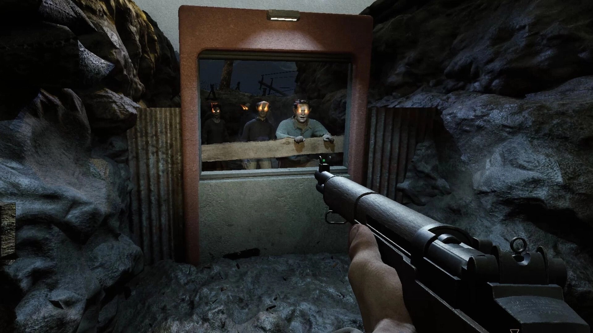 Milo: Player aims rifle at glowing-eyed cultists outside bunker in dark, rocky post-apocalyptic scene.