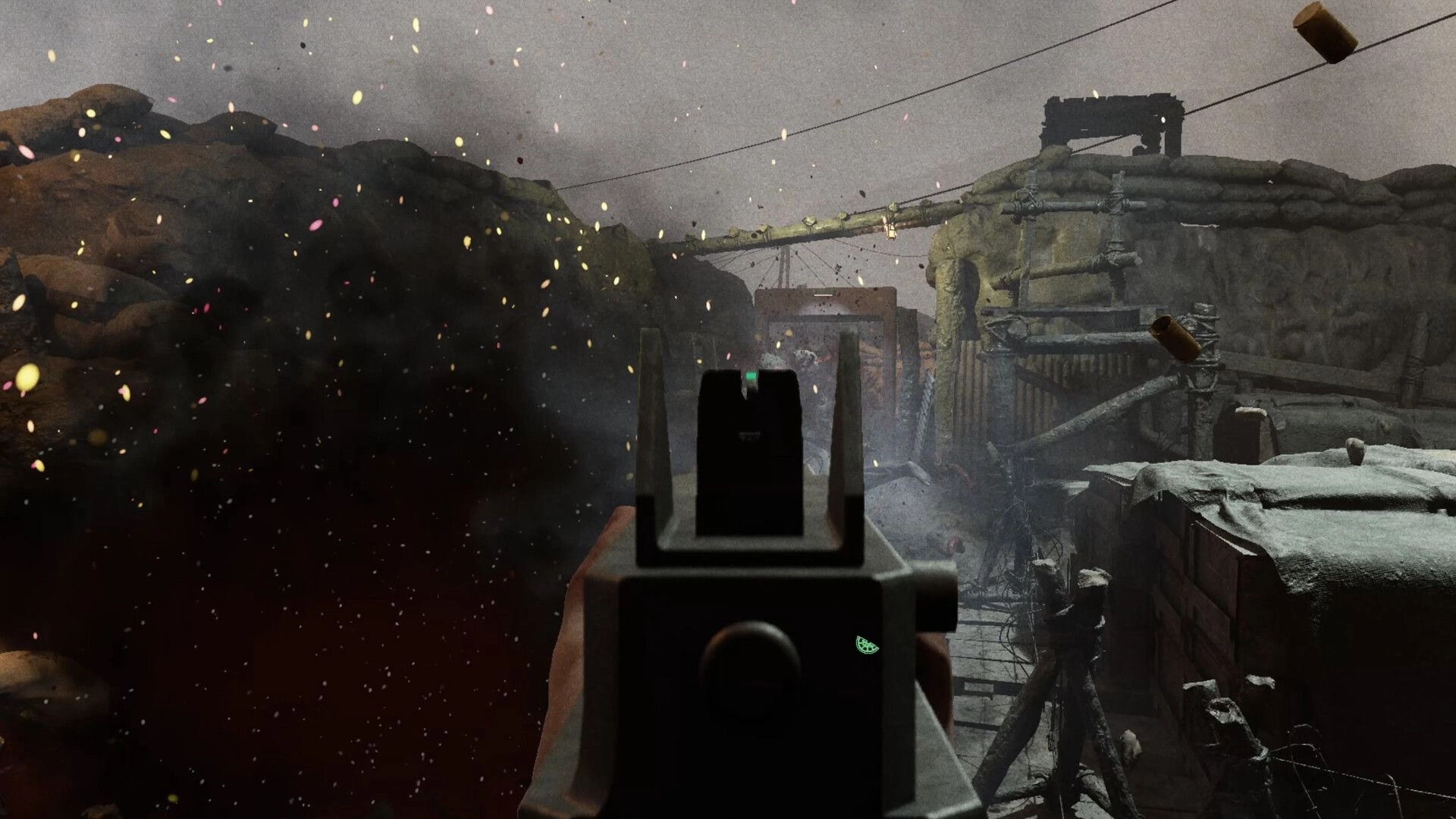 Milo: First-person aiming at enemy bunker in a snowy, war-torn trench with debris and sparks flying.