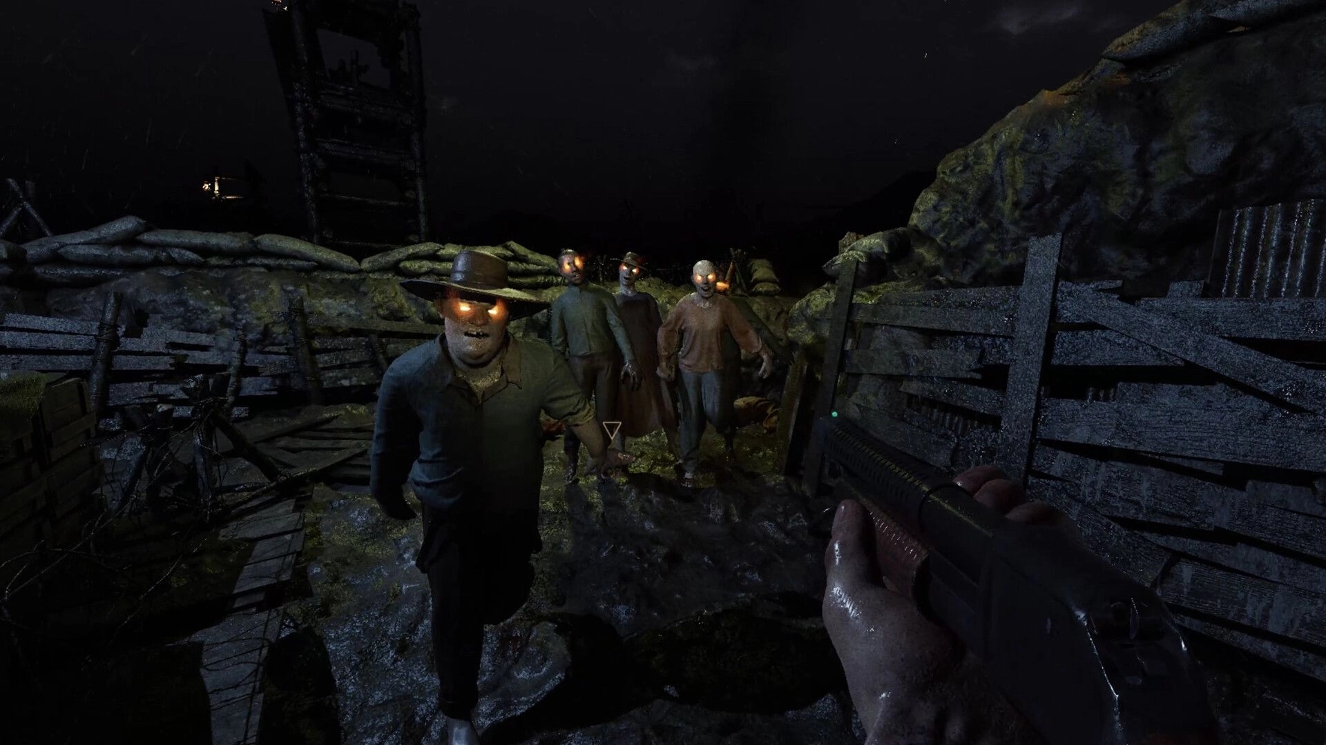 Milo: First-person shooter aiming at glowing-eyed cultists in a dark, trench-like environment