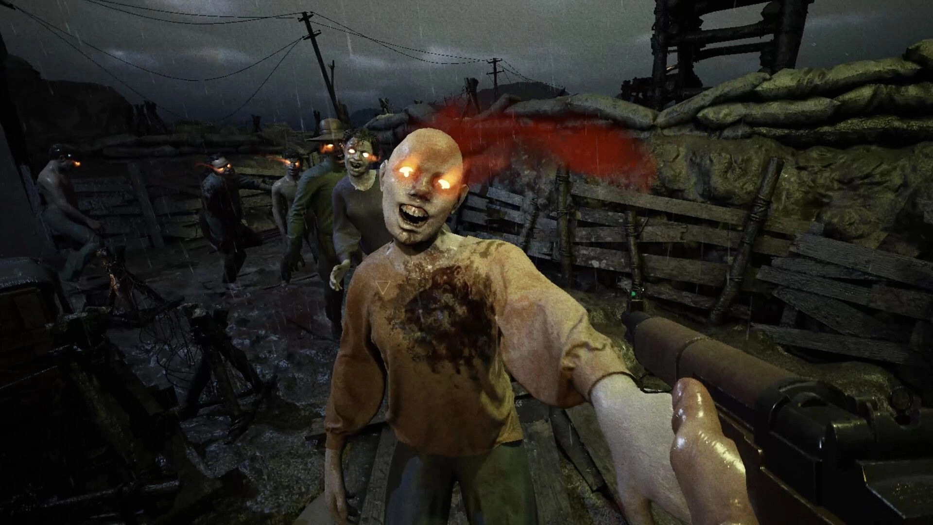 Milo: First-person combat with glowing-eyed zombies in a rain-soaked, post-apocalyptic trench setting