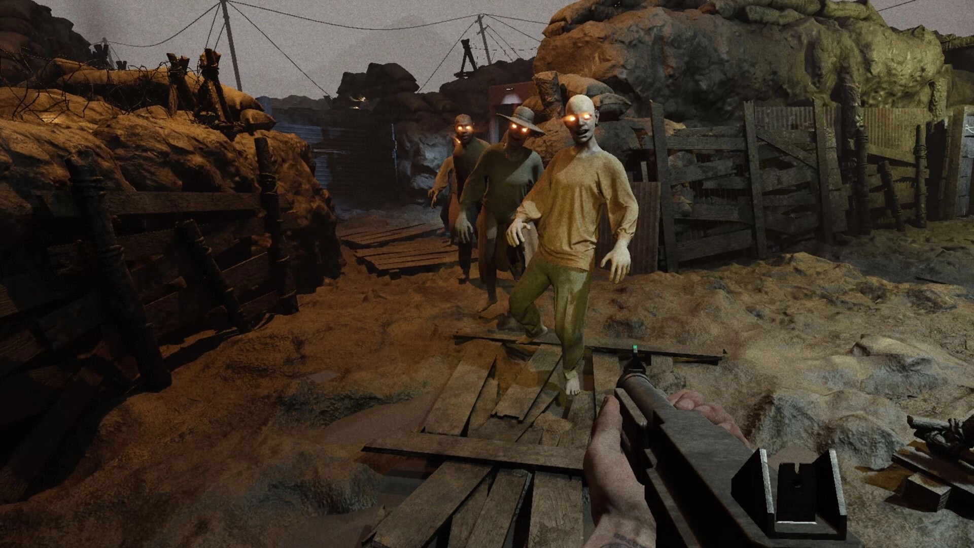 Milo: First-person shooter view confronting glowing-eyed cultists in a dimly lit, war-torn trench setting.