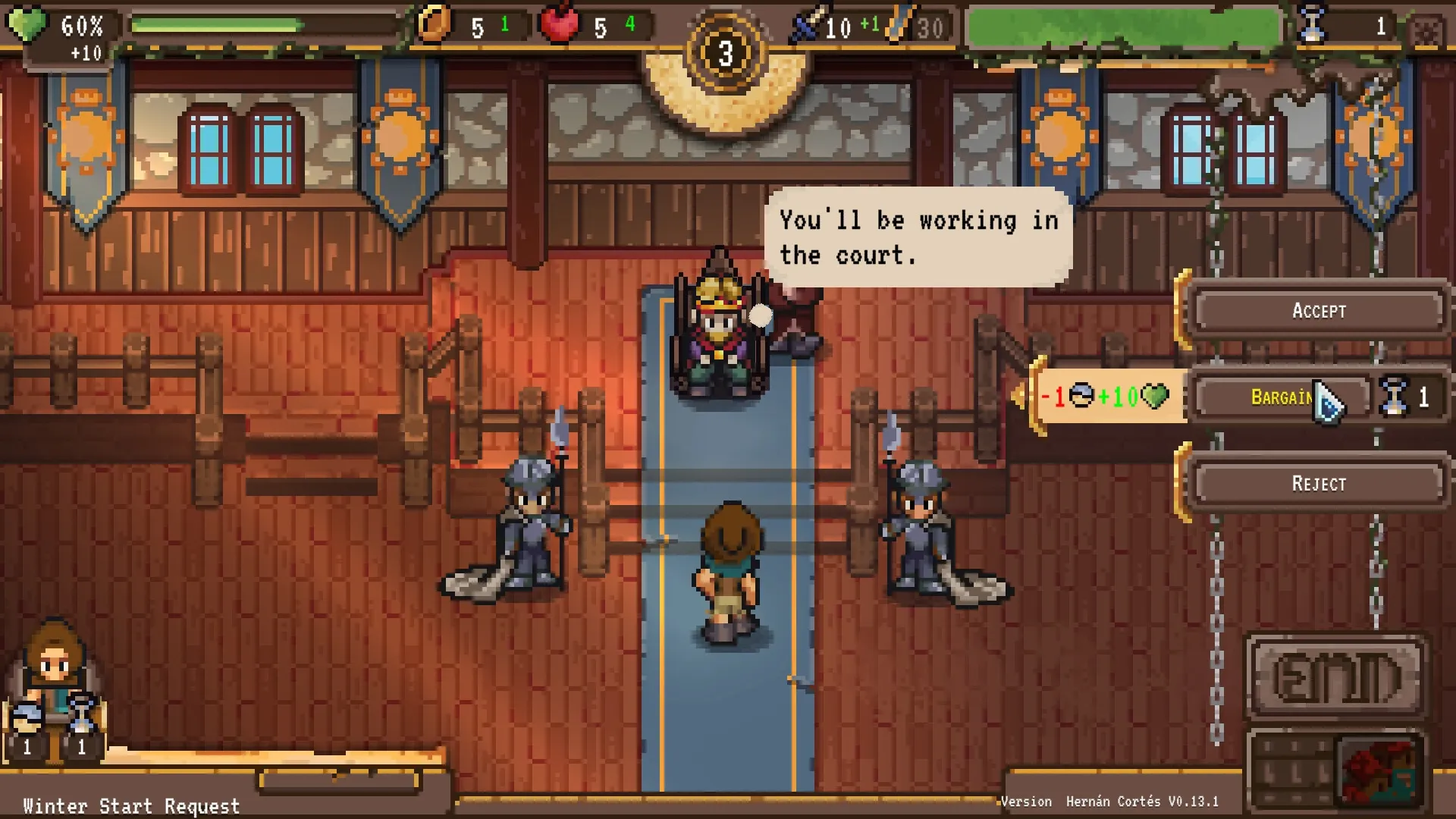 Milord: Audience with the king in the throne room, decision options to accept, bargain, or reject.