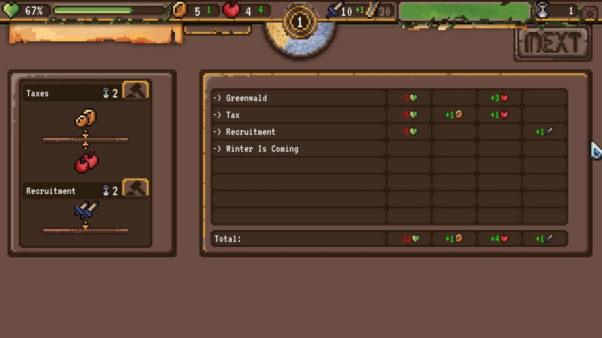 Milord: Decision-making interface showing taxes, recruitment, and "Winter Is Coming" event in progress.