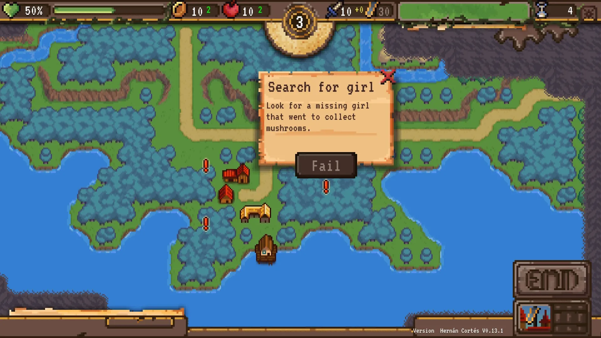 Milord: Quest prompt "Search for girl" over map with forests, rivers, and village icons visible