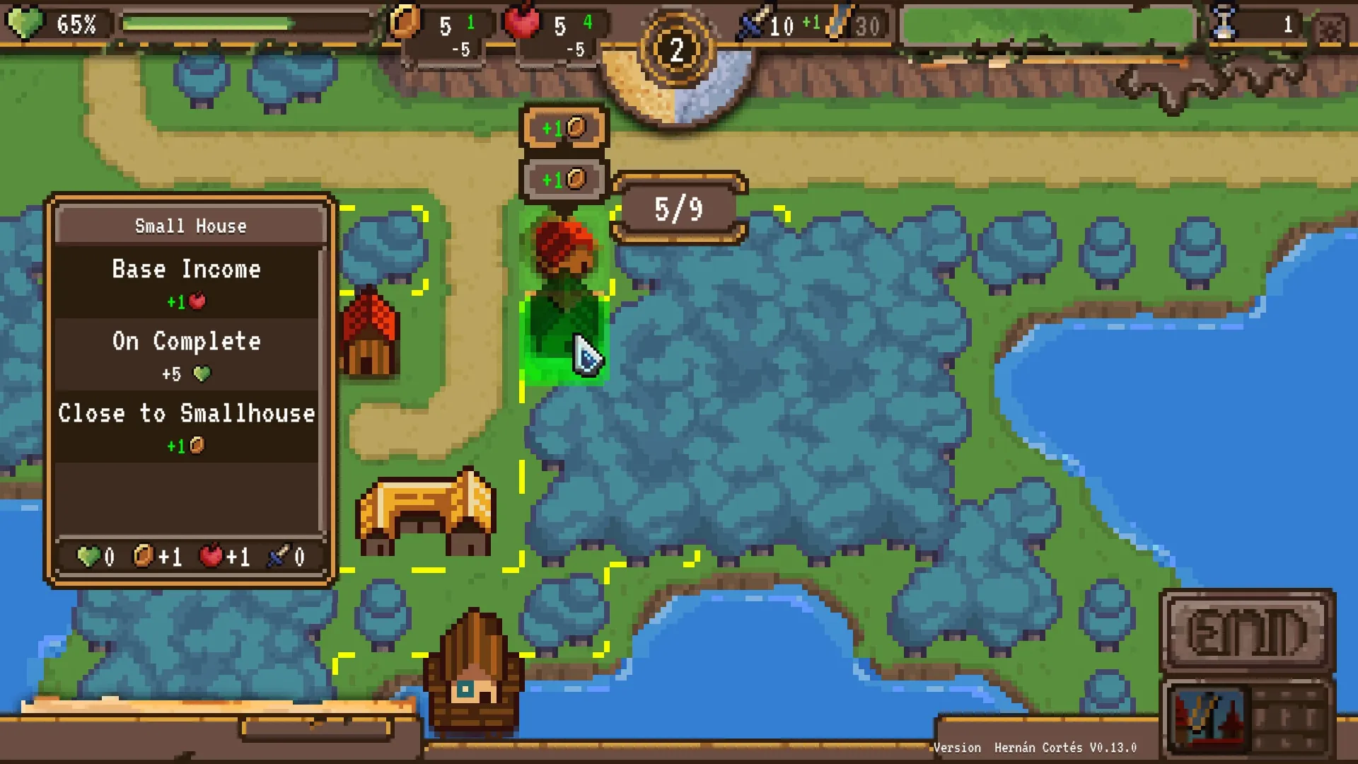 Milord: Building a small house near a lake and forest with resources and progress shown in the UI