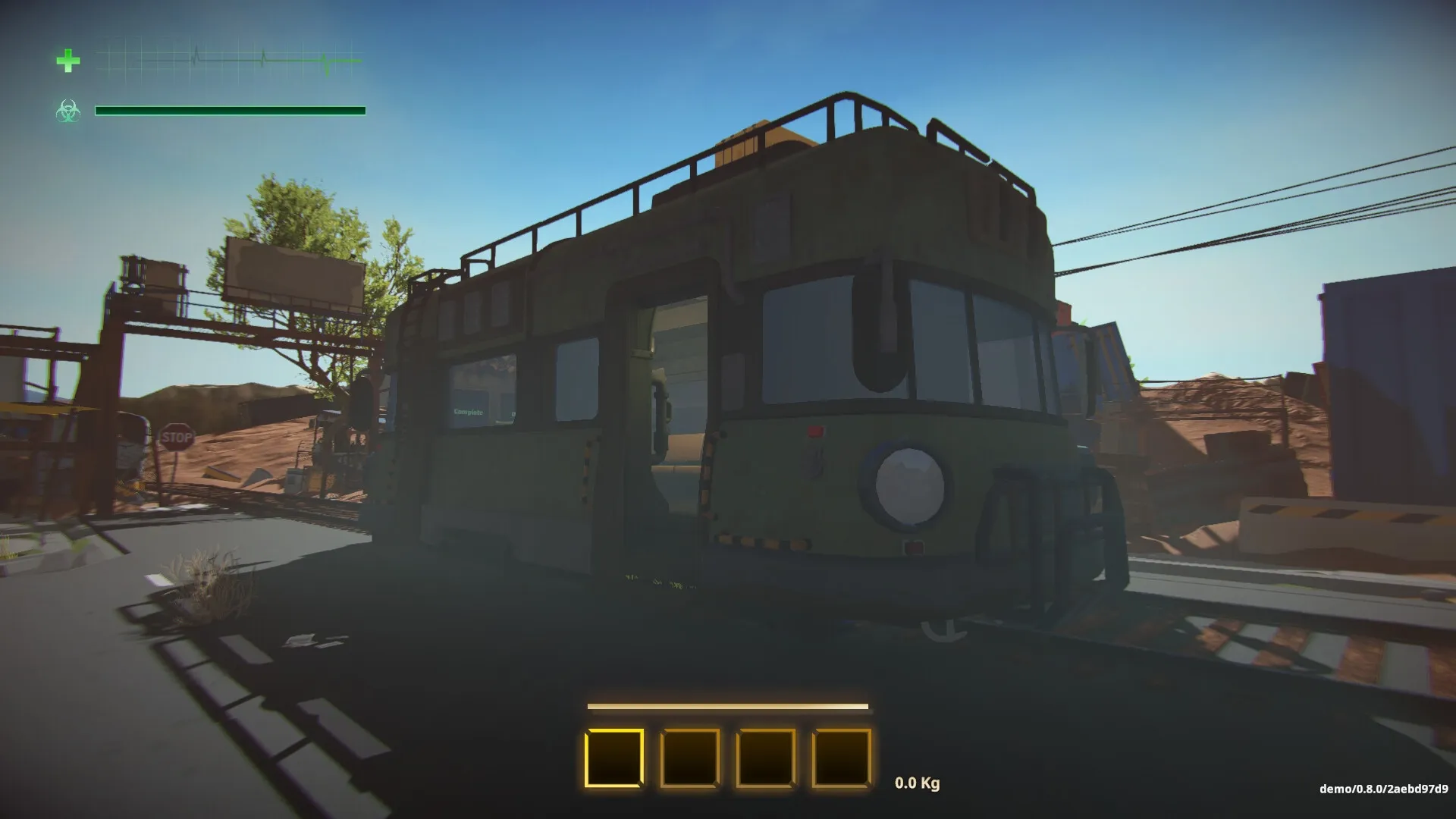 MIMESIS: Abandoned bus under clear sky with health bar and inventory slots in desert environment