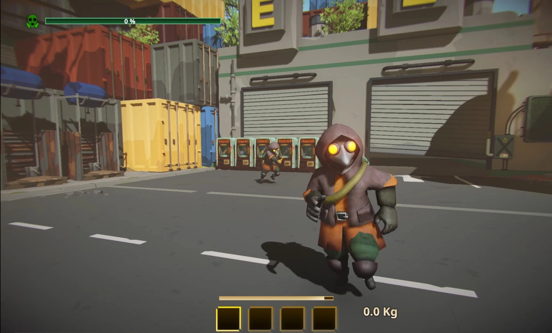 MIMESIS: Hooded character running in an industrial area with storage containers and garages visible