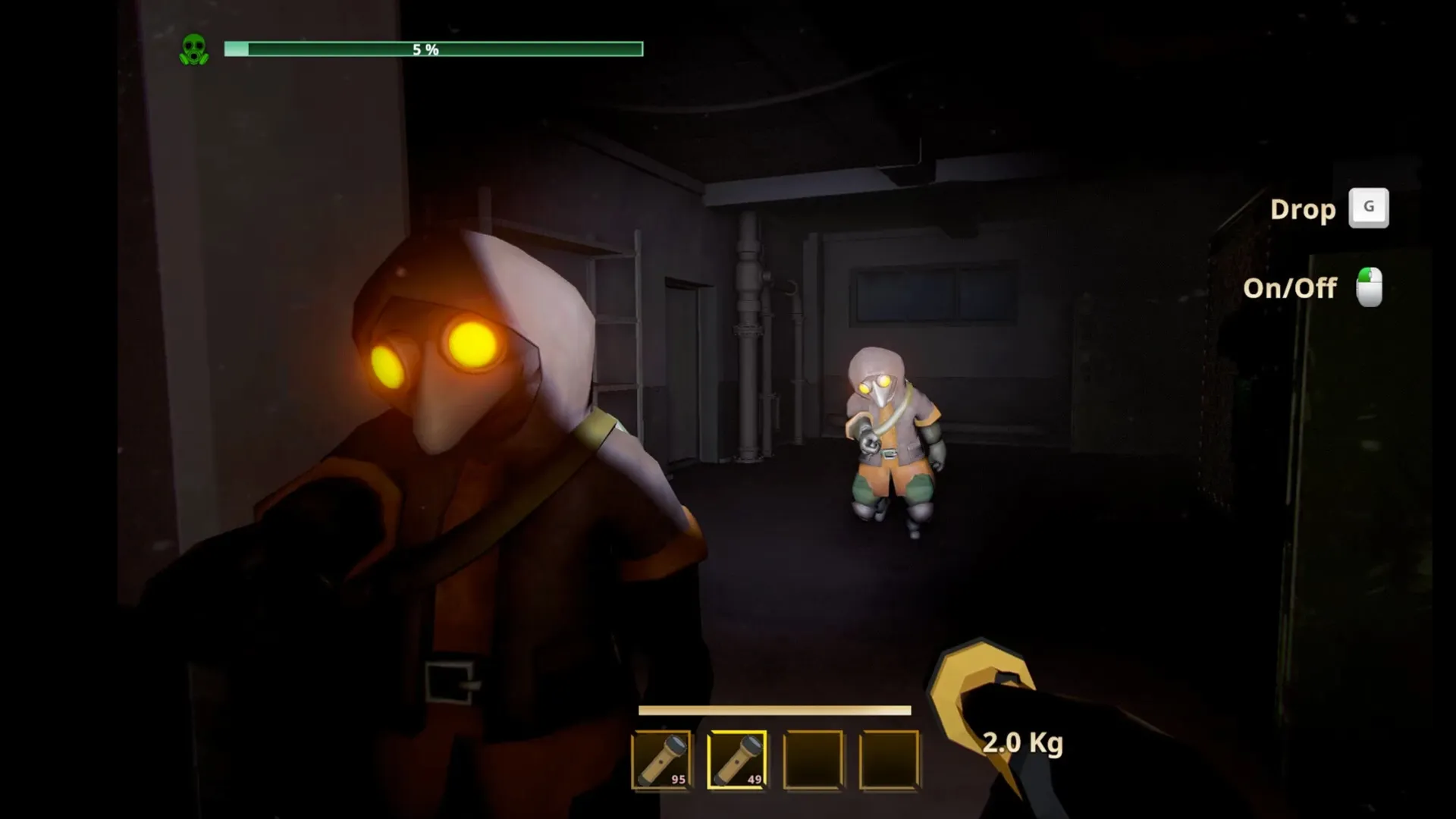 MIMESIS: Two characters with glowing eyes in dark corridor; inventory and controls displayed on screen.
