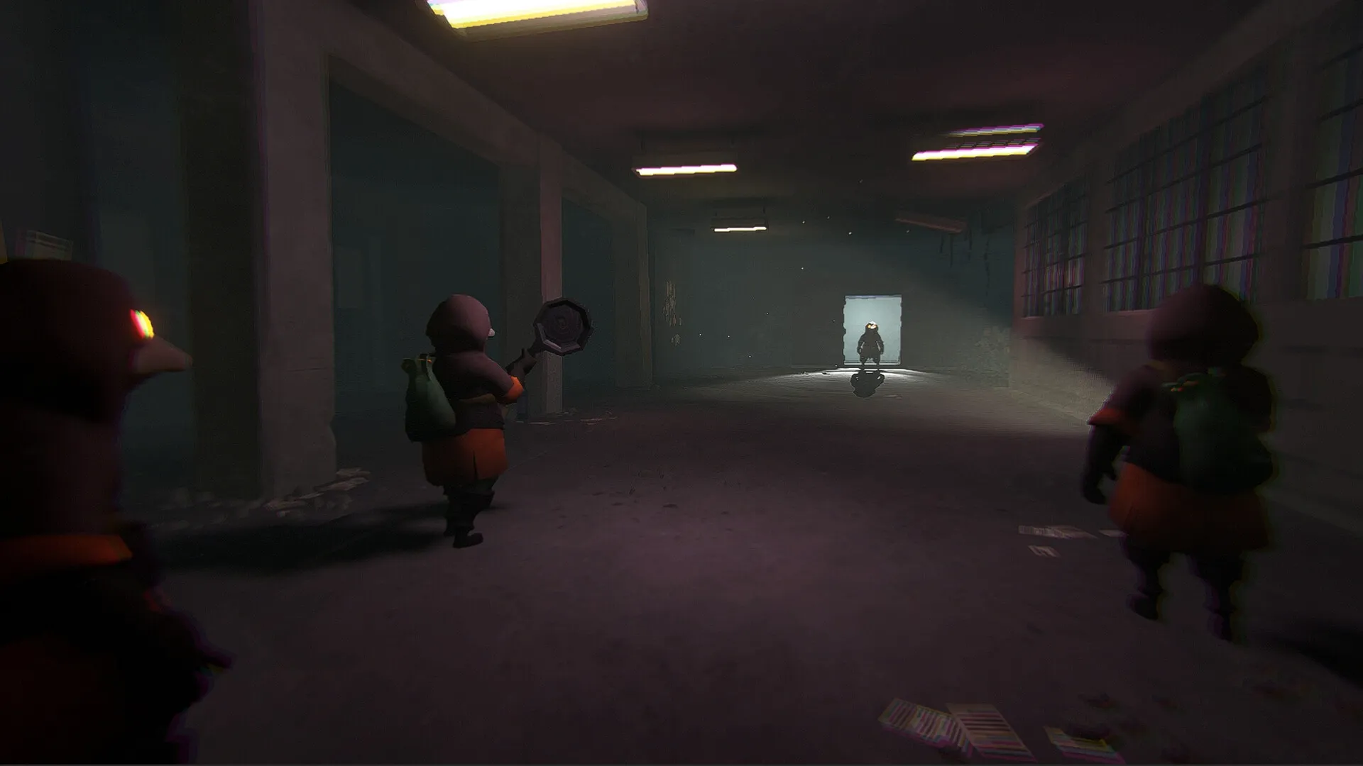 MIMESIS: Hooded figures in dim hallway, one holding a pan, facing a distant doorway with eerie lighting