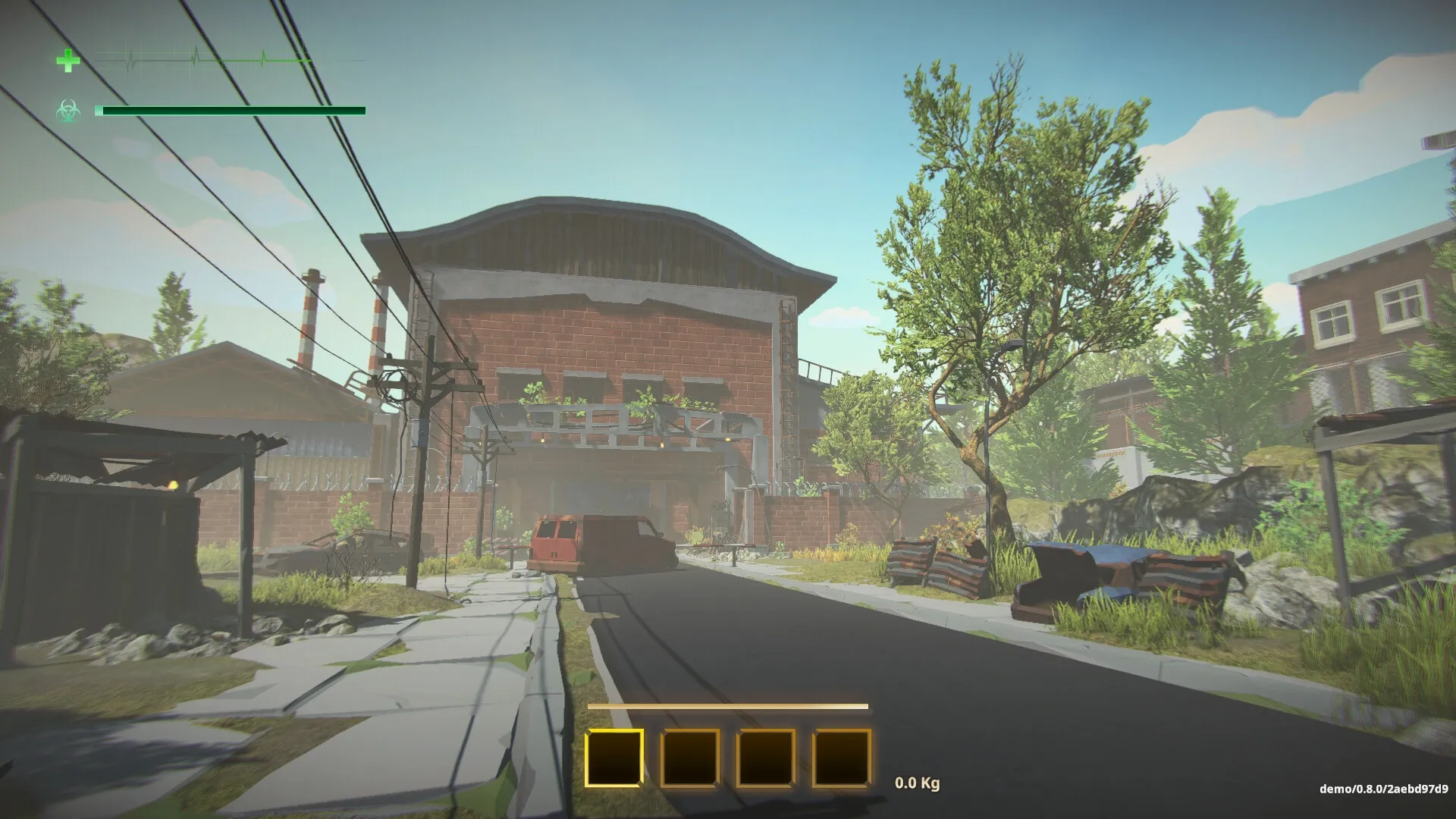 MIMESIS: Urban street with red van, inventory slots, and health bar in post-apocalyptic setting.