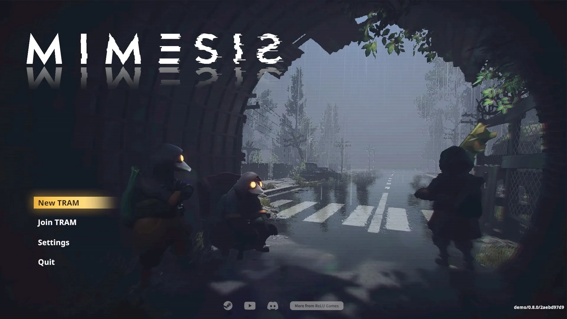 MIMESIS: Main menu with options under a rainy street view, characters with glowing eyes in foreground