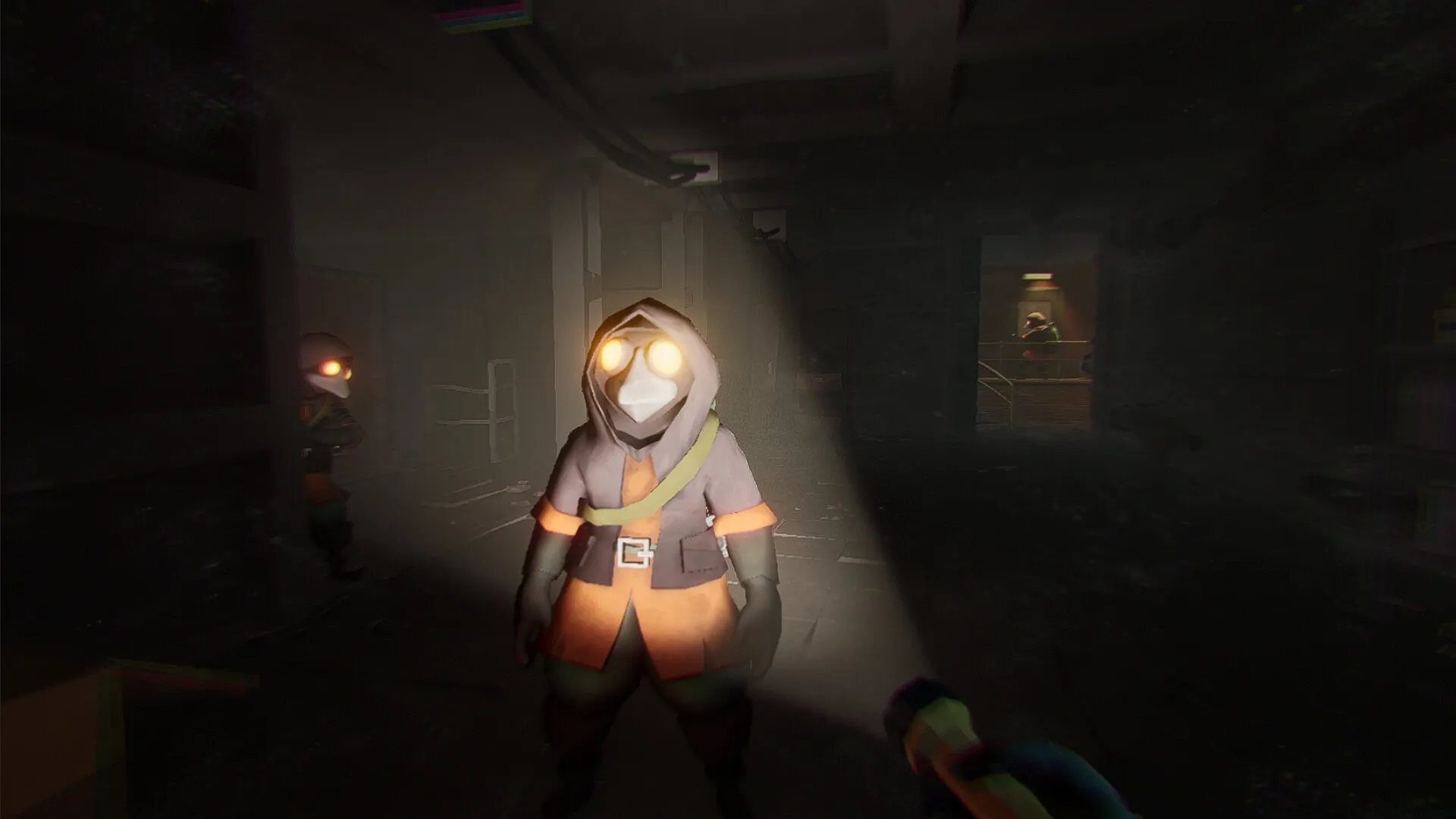 MIMESIS: Character with glowing eyes stands in dark corridor as flashlight beam reveals eerie environment.