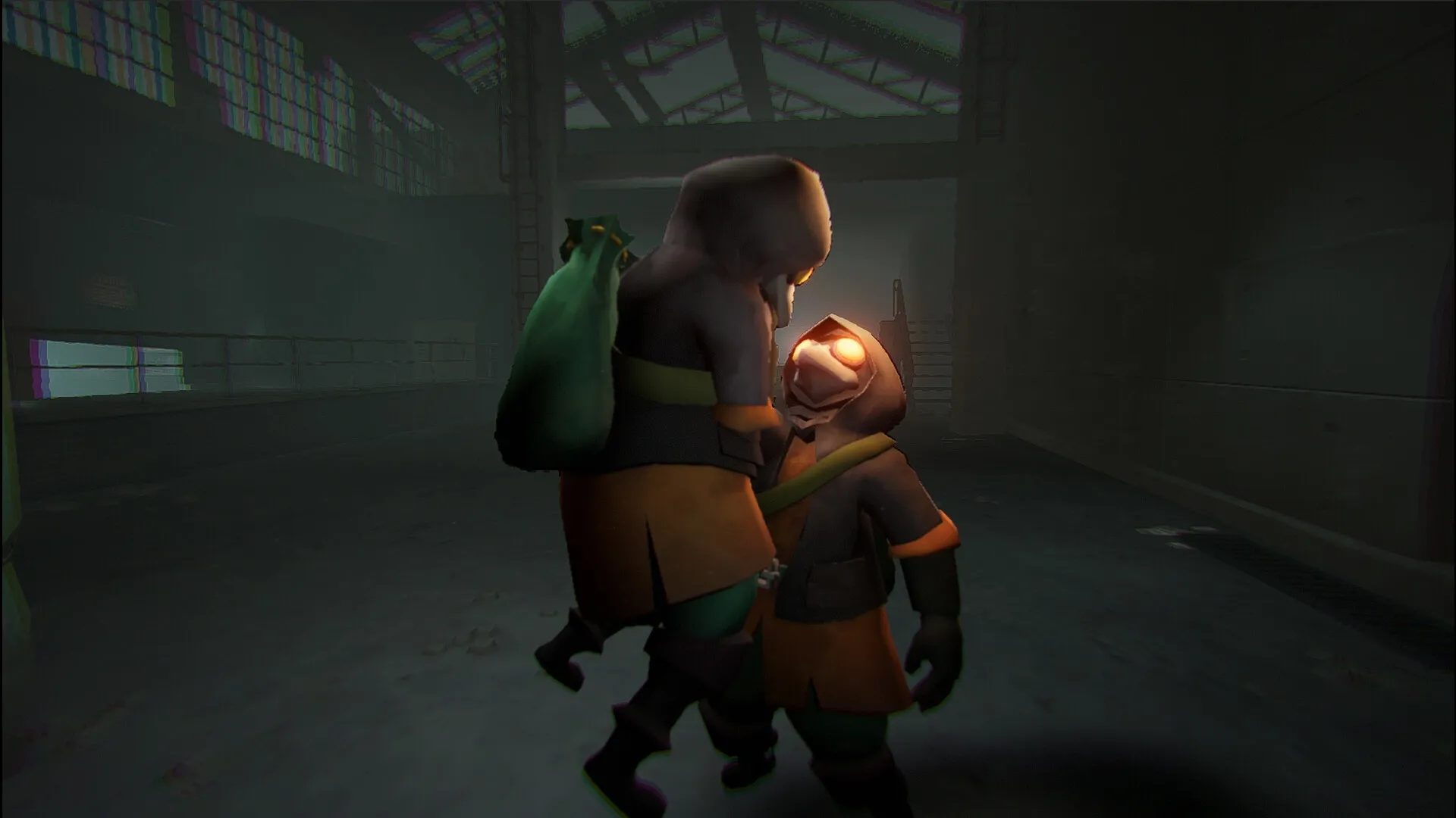 MIMESIS: Two hooded figures confront each other in a dim industrial warehouse setting.