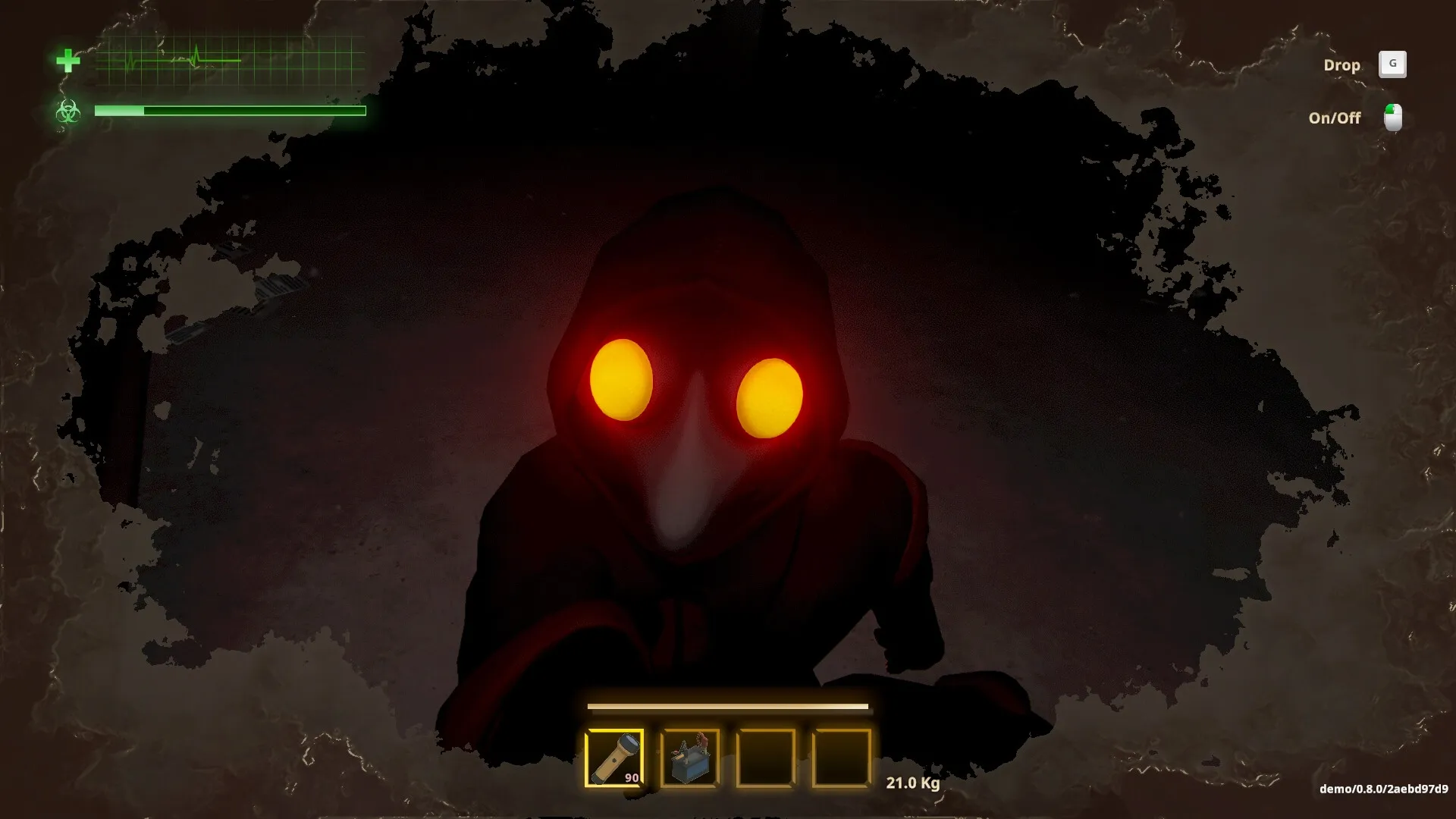 MIMESIS: Hooded figure with glowing eyes confronts player, health and inventory displayed at bottom