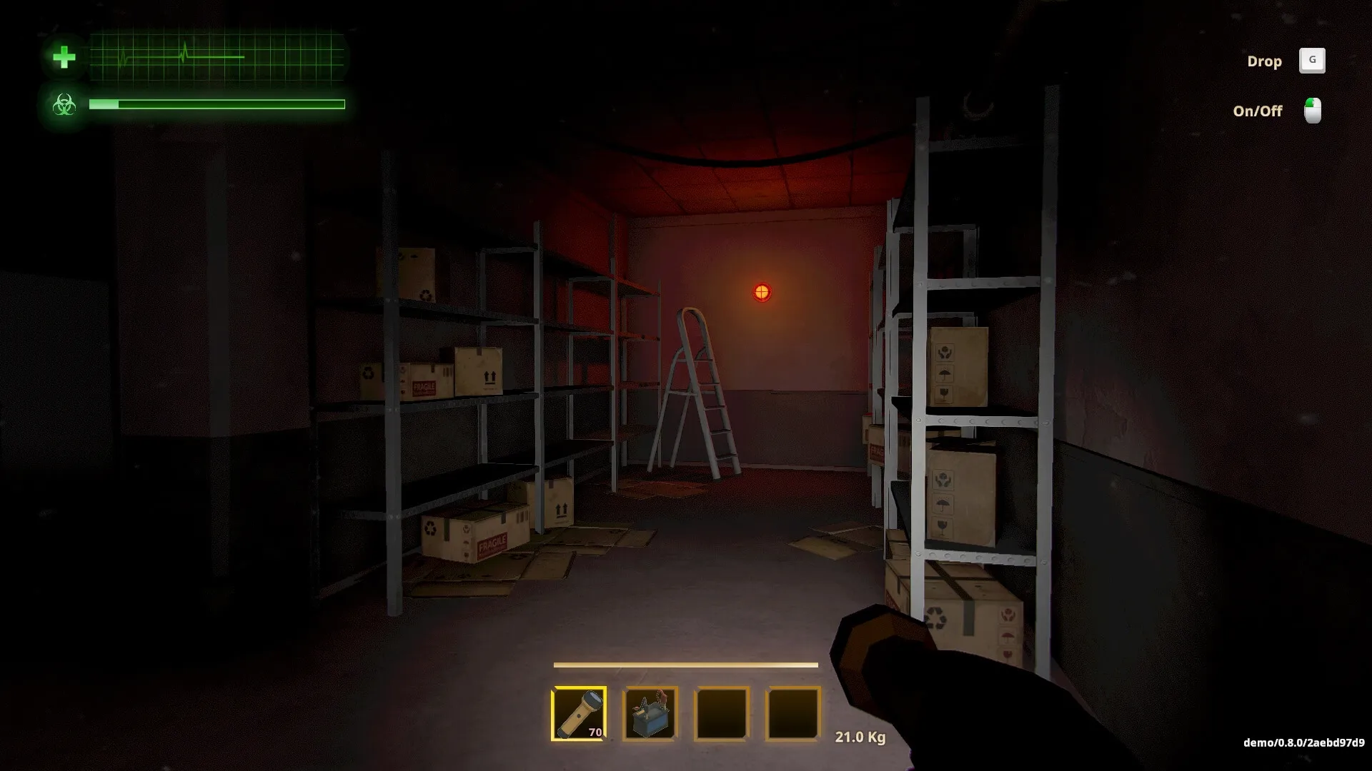 MIMESIS: Dimly lit storage room with shelves of boxes, player inventory and health bar visible