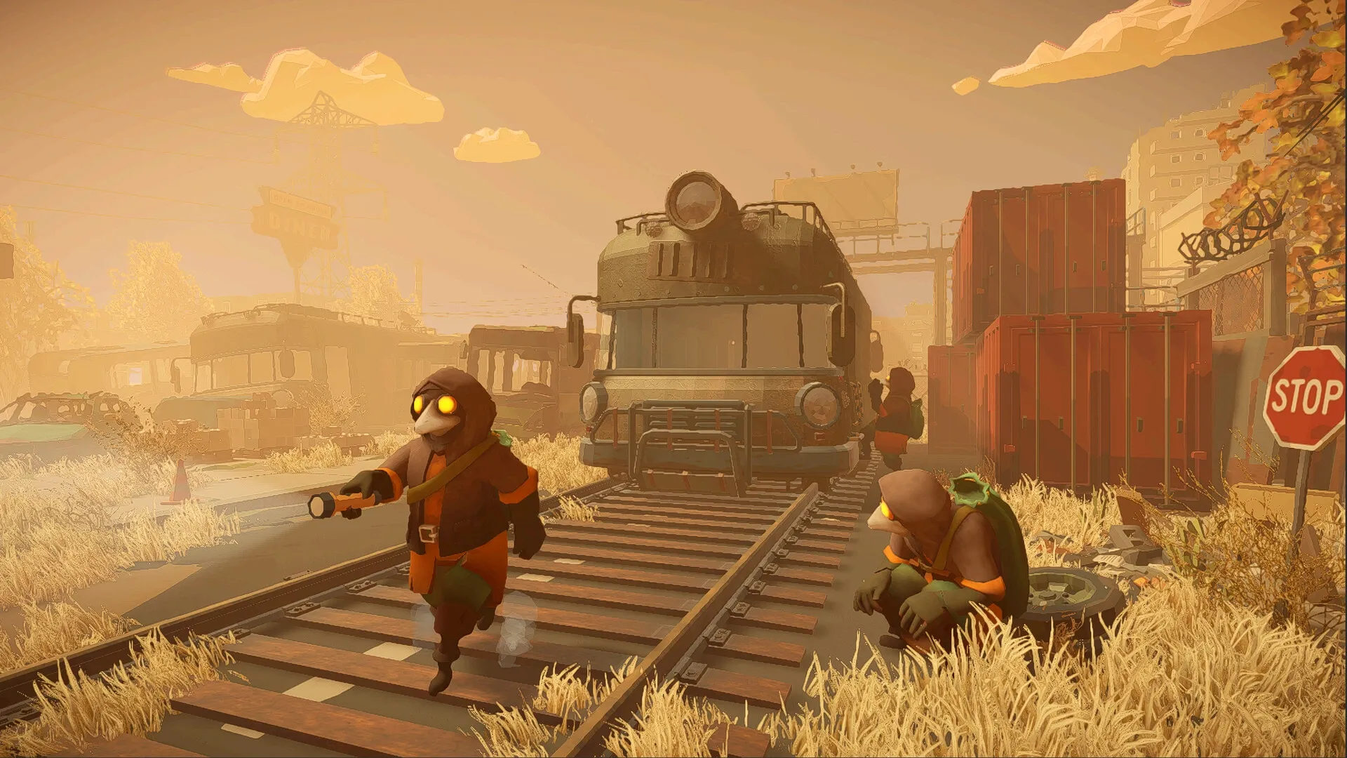 MIMESIS: Hooded characters explore abandoned train yard with overgrown tracks and rusted containers.