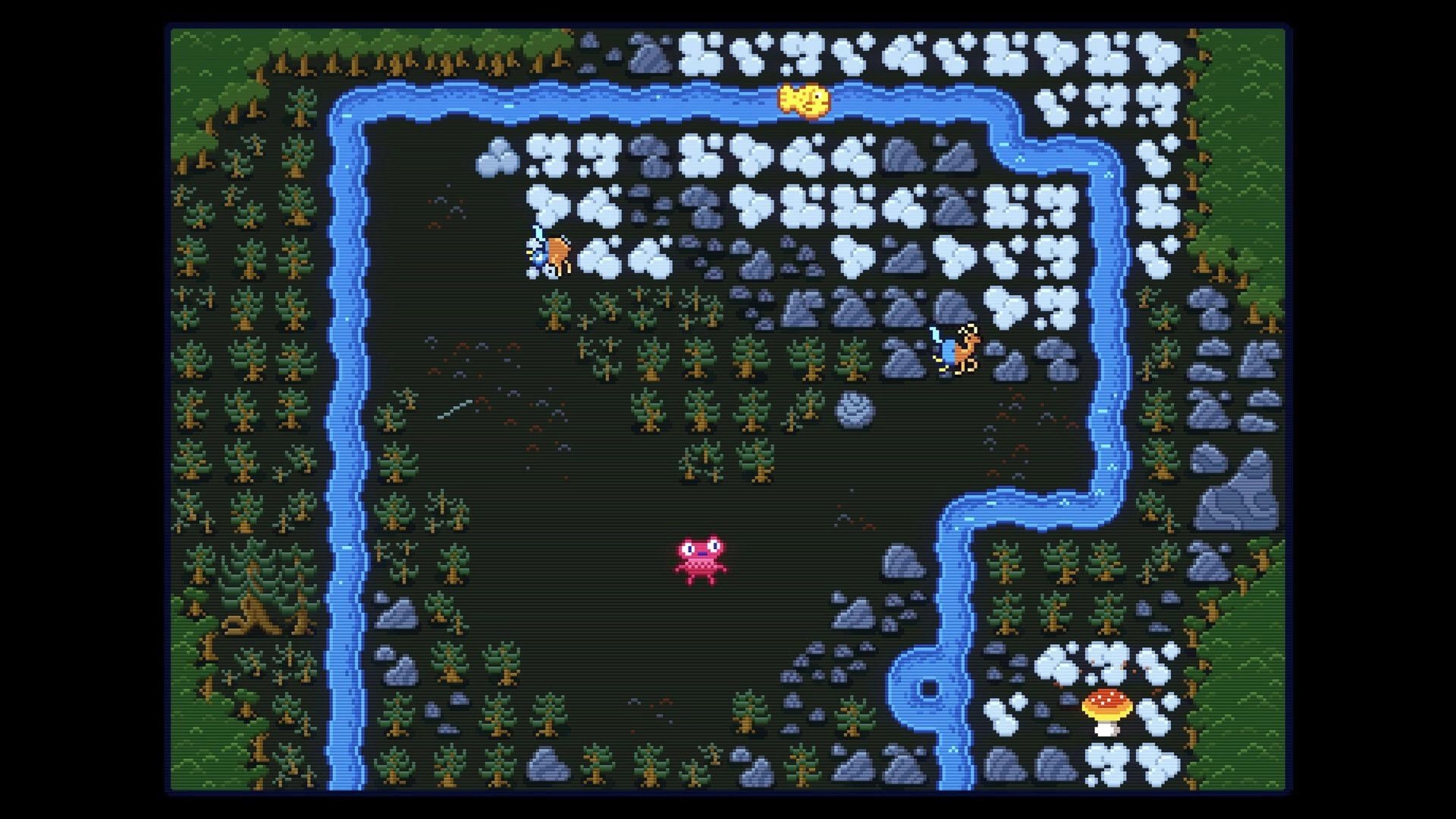 Mimic Meadows: Top-down puzzle map with two foxes and crab amid rocks, trees, and winding river paths.