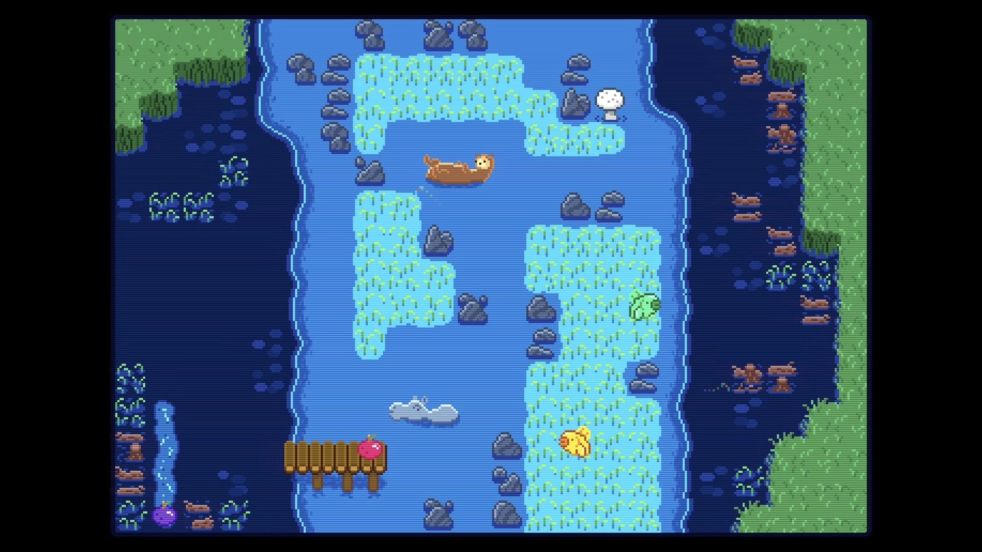 Mimic Meadows: Otter floats in a lily pond puzzle amid rocks, reeds, docks, and animal icons nearby.