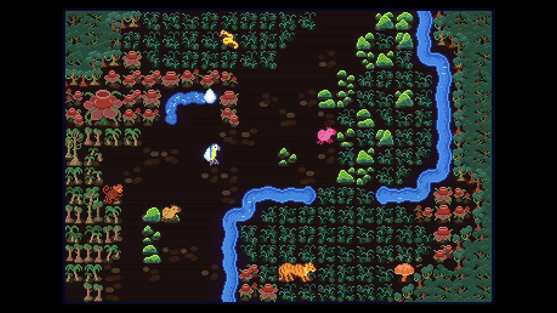 Mimic Meadows: Bird avatar navigates muddy paths between rivers, shrubs, and animals in pixel forest map.