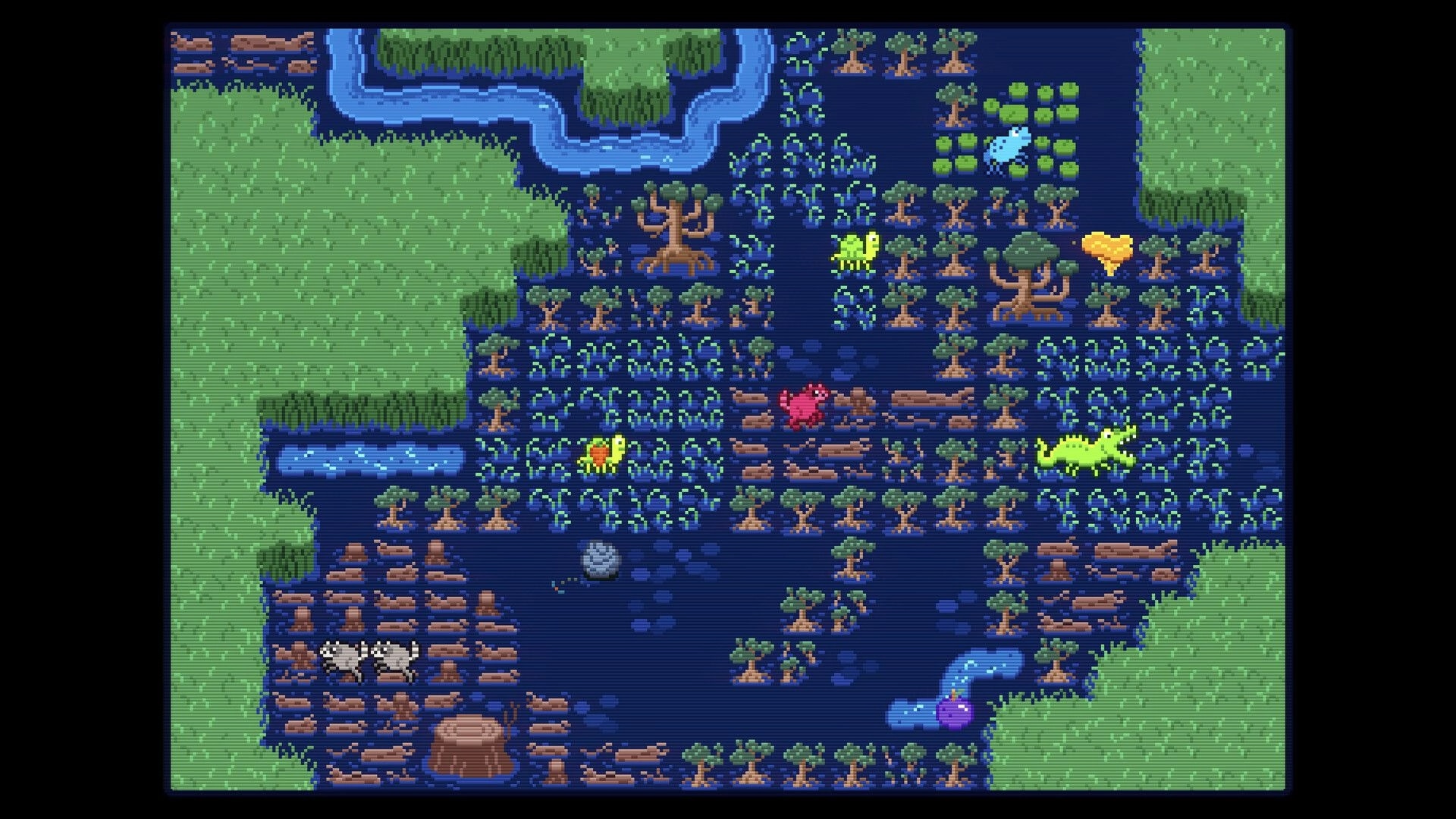 Mimic Meadows: Colorful animals navigate log paths and reeds in a swampy forest puzzle area.