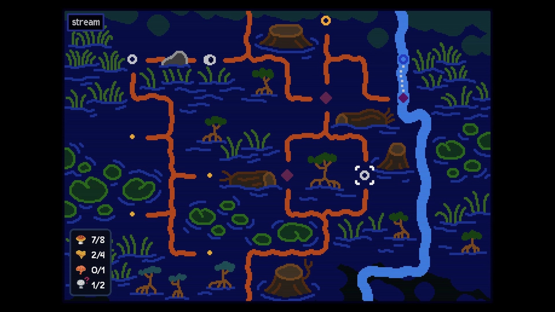 Mimic Meadows: Overhead swamp puzzle map with orange root paths, river, lily pads, and counters UI.