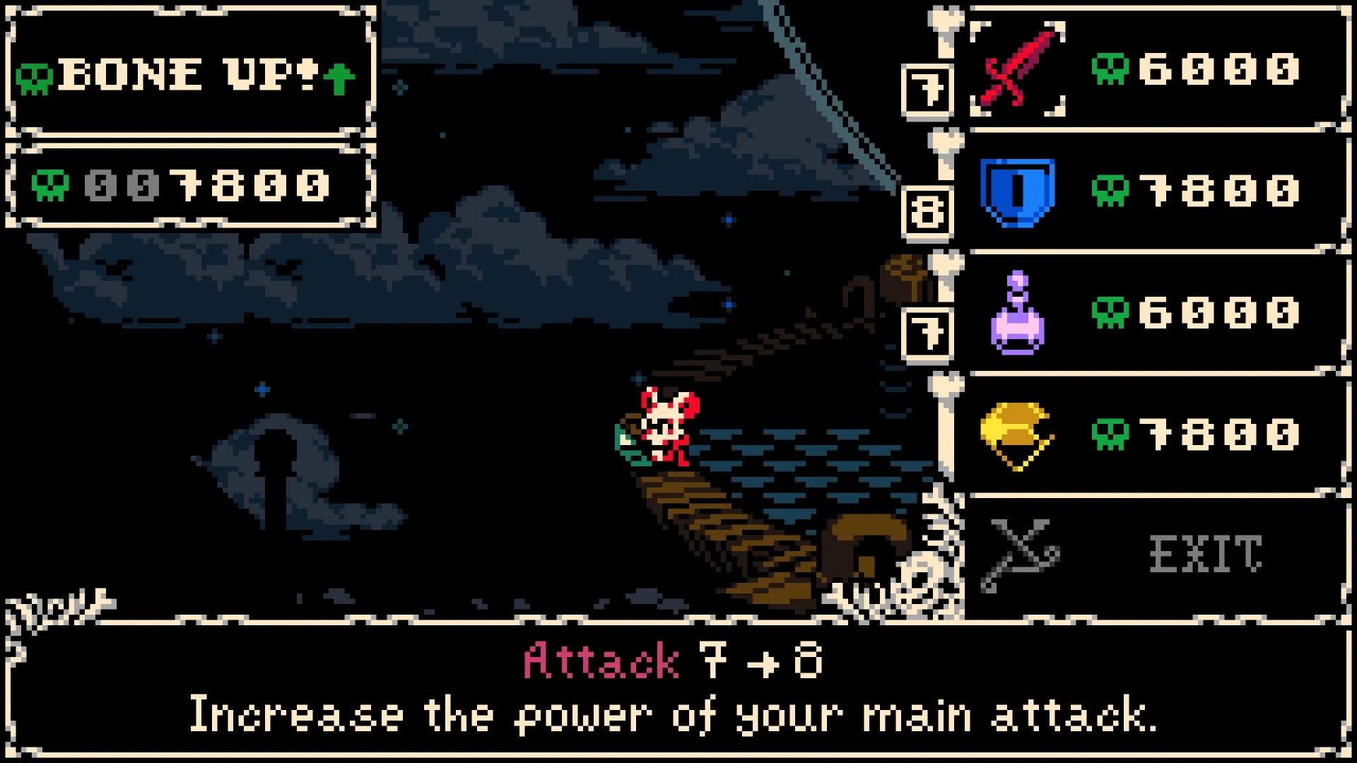 Mina the Hollower: Mina upgrades attack power in a dark, eerie environment with UI options displayed.