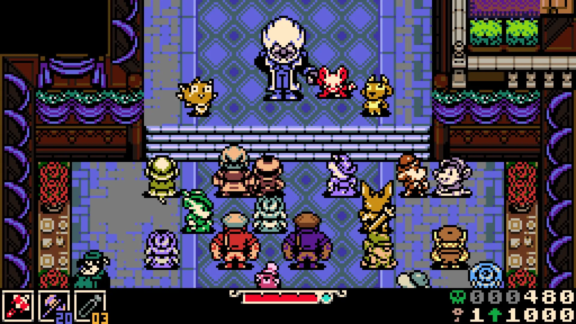 Mina the Hollower: Mina confronts a crowd of villagers in a detailed, pixel-art village square setting.