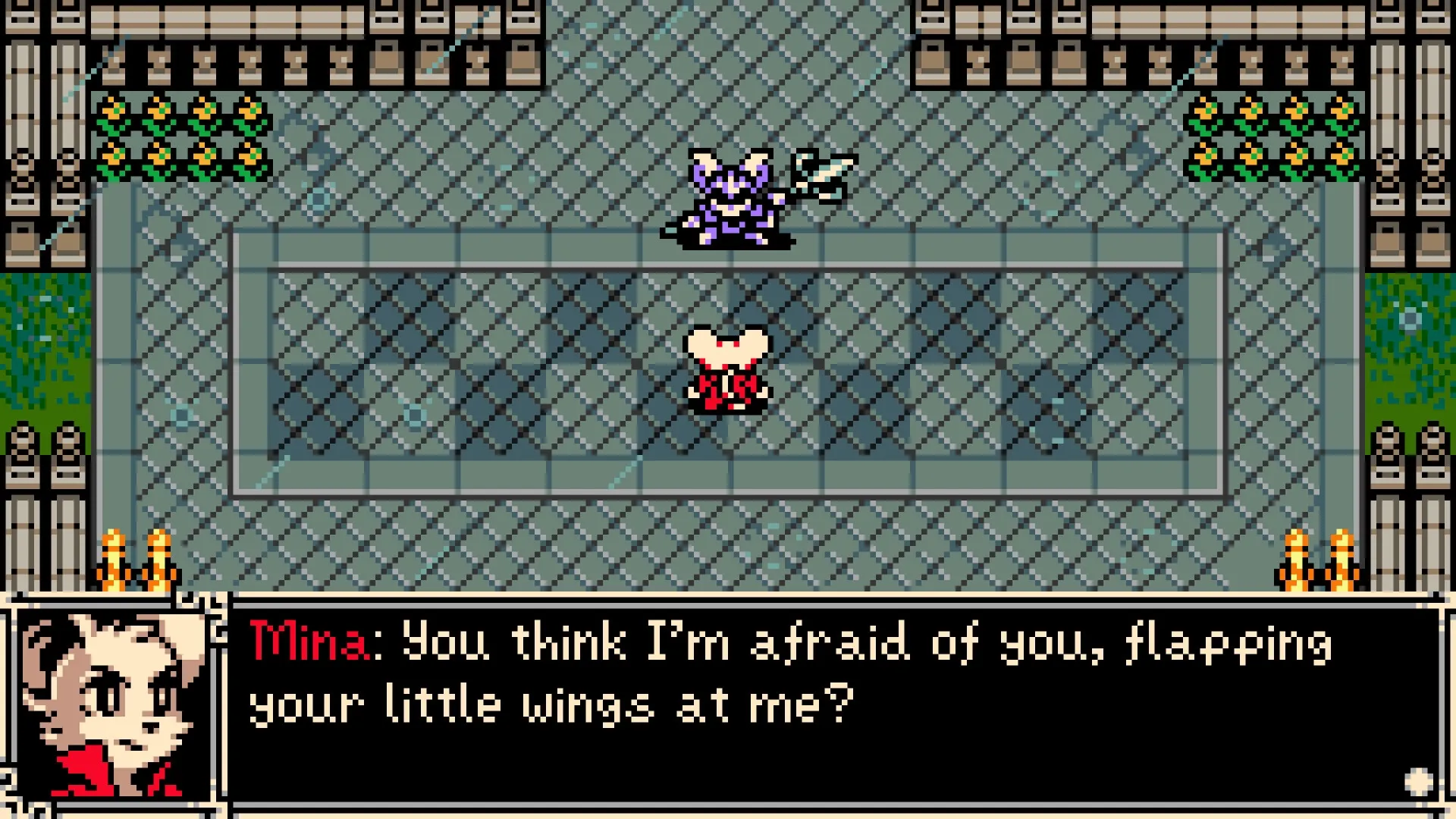 Mina the Hollower: Mina confronts a bat-like enemy in a tiled courtyard with dialogue displayed below.